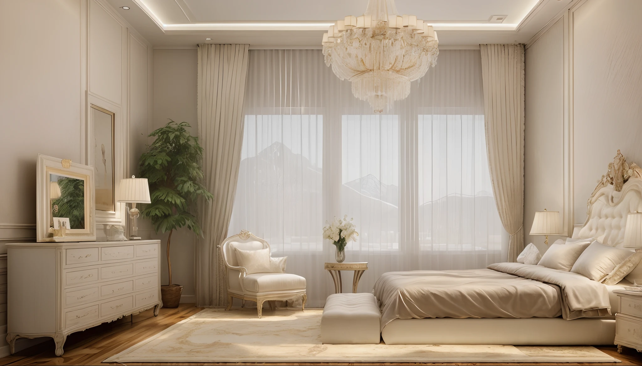 luxurious bedroom interior design, wood floor, rug, luxurious bed, glass window, glass door, lamp, picture frame, wooden cabinet, white curtain, white ceiling, (masterpiece), realistic, high quality, softlight, natural contrast, scenery,(luxury), chandelier