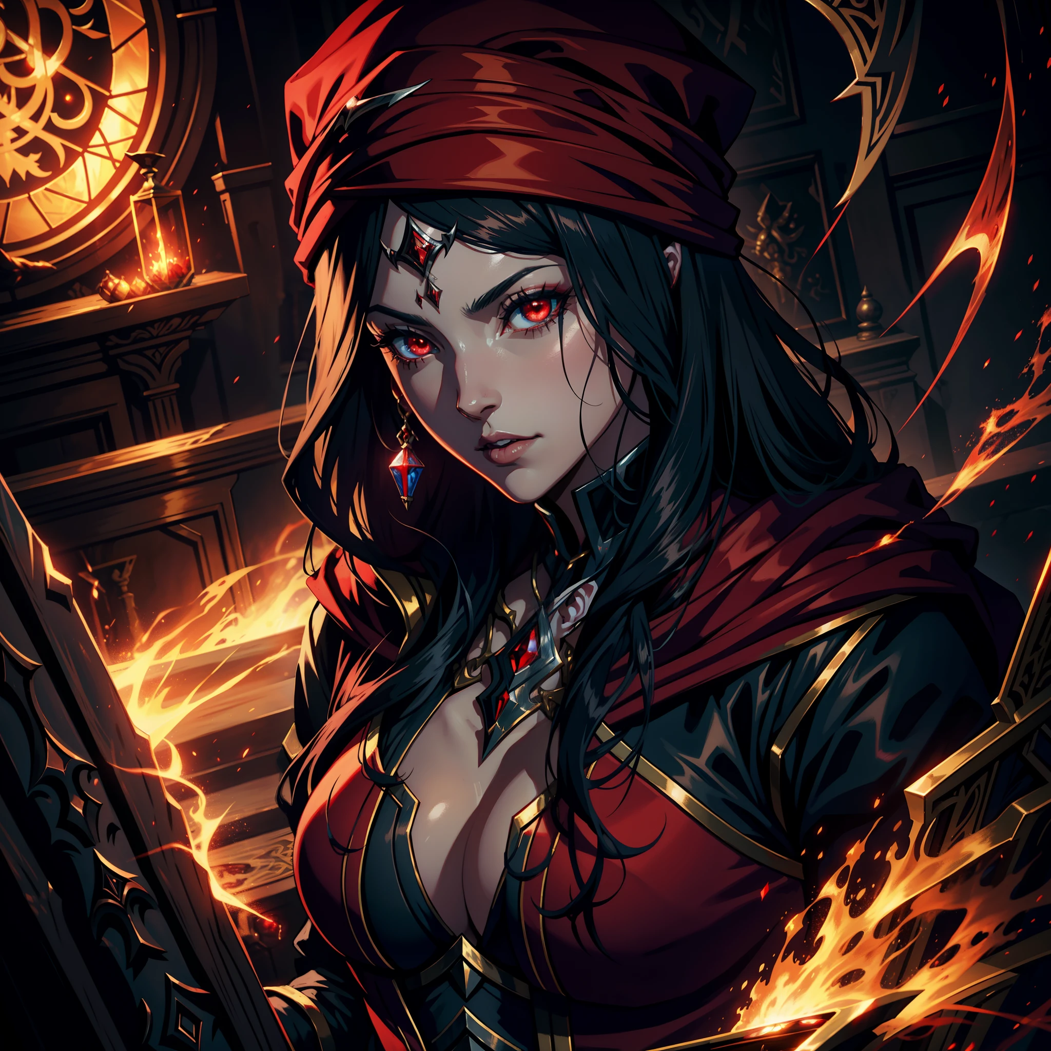 Castlevania Lord of the shadows hyper realistic super detailed Dynamic shot of moroccan wife of Lord Dracula with red turban zoom eyes red glowing eyes crystal