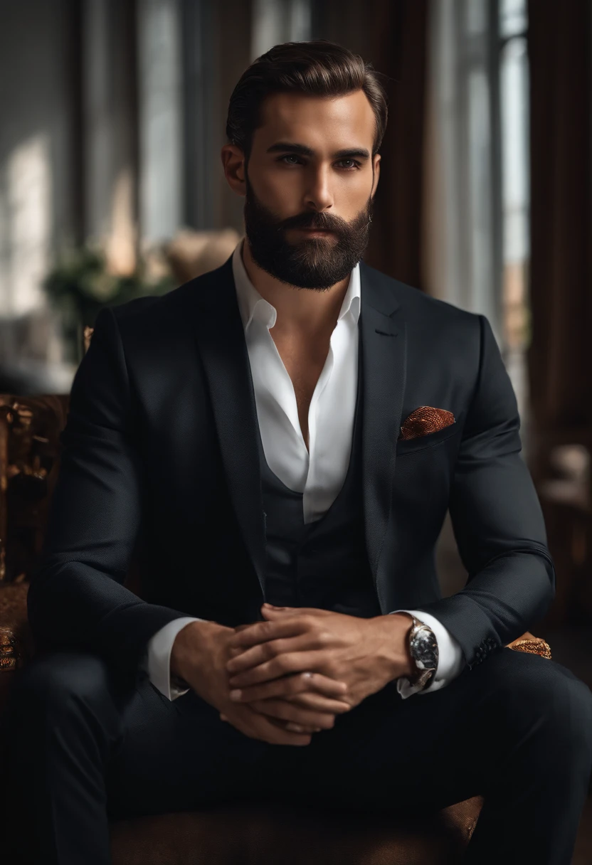 Homme en costume, un peu barbu, Wear a black business suit, Neat model, Montrer son visage, Photo de profil professionnelle, Business Wear, Office Wear, high resolucion, шедевр, beste-Qualit, intricate high detail, highly detailed, mise au point nette, texture, detailled eyes, professionnel, 4K, Tournage en Canon, 85 mm, faible profondeur de champ, Vision couleur Kodak, perfect fit body, extremly detailed, photo_\(ultra\), photo realist, Post-traitement, Maximum details, roughness, real life, ultra realist, rendering, photographie, 8K UHD, photographie (grain de film)