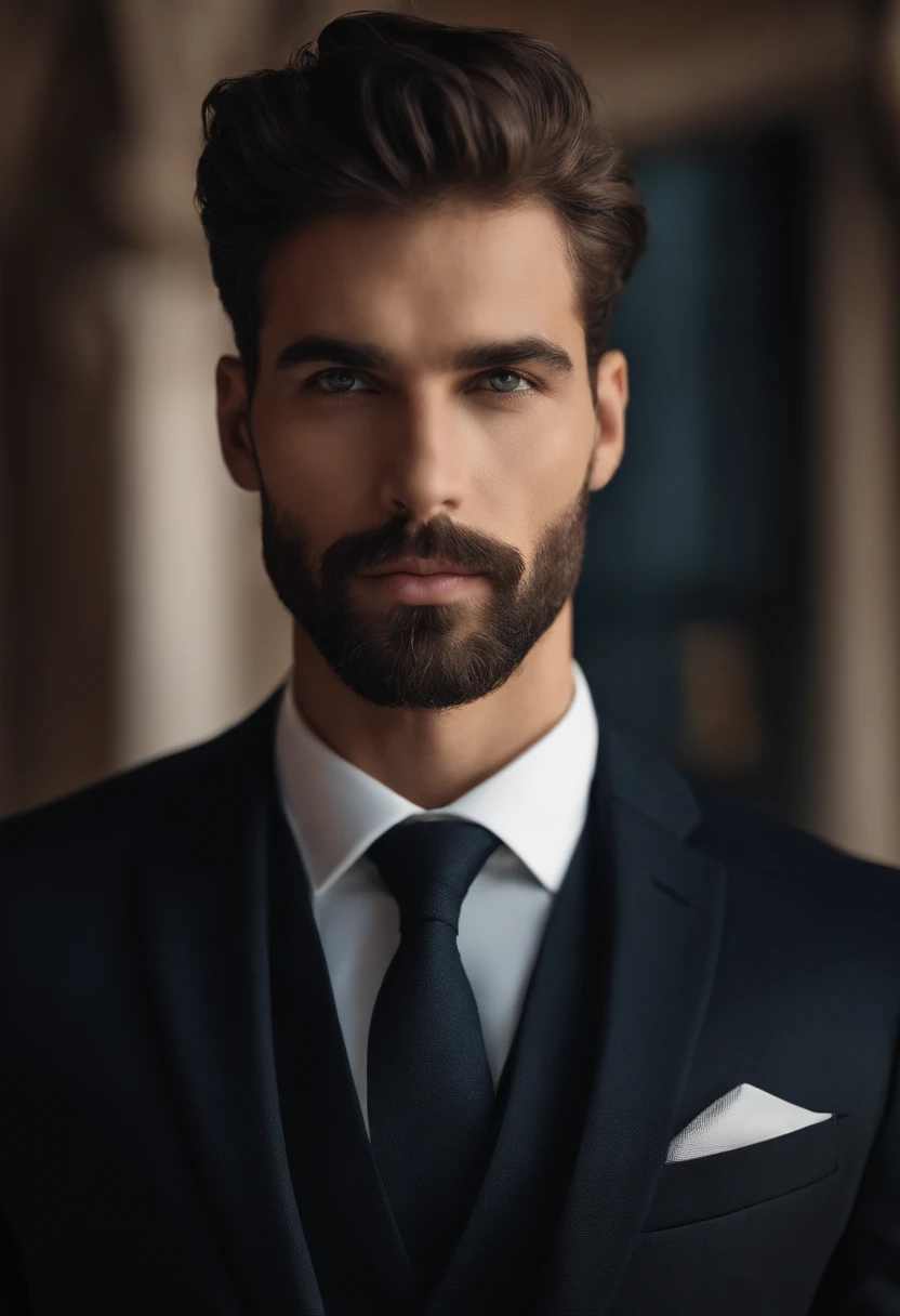 Homme en costume, un peu barbu, Wear a black business suit, Neat model, Montrer son visage, Photo de profil professionnelle, Business Wear, Office Wear, high resolucion, шедевр, beste-Qualit, intricate high detail, highly detailed, mise au point nette, texture, detailled eyes, professionnel, 4K, Tournage en Canon, 85 mm, faible profondeur de champ, Vision couleur Kodak, perfect fit body, extremly detailed, photo_\(ultra\), photo realist, Post-traitement, Maximum details, roughness, real life, ultra realist, rendering, photographie, 8K UHD, photographie (grain de film)