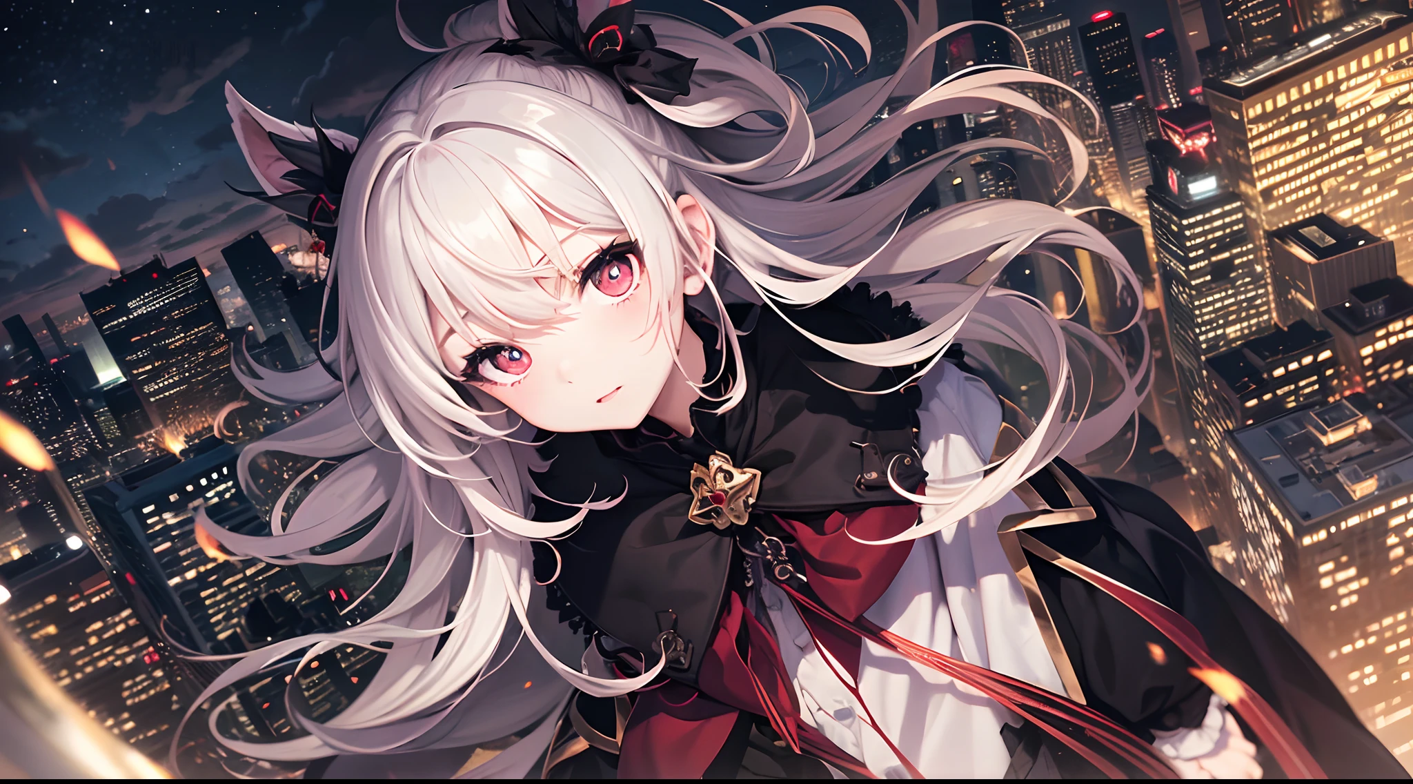 (masterpiece), red pupils, extremely cute girl vampire, cute, late at night, windswept and cloudy, high perspective overlook, in the night, light floating above the sky.