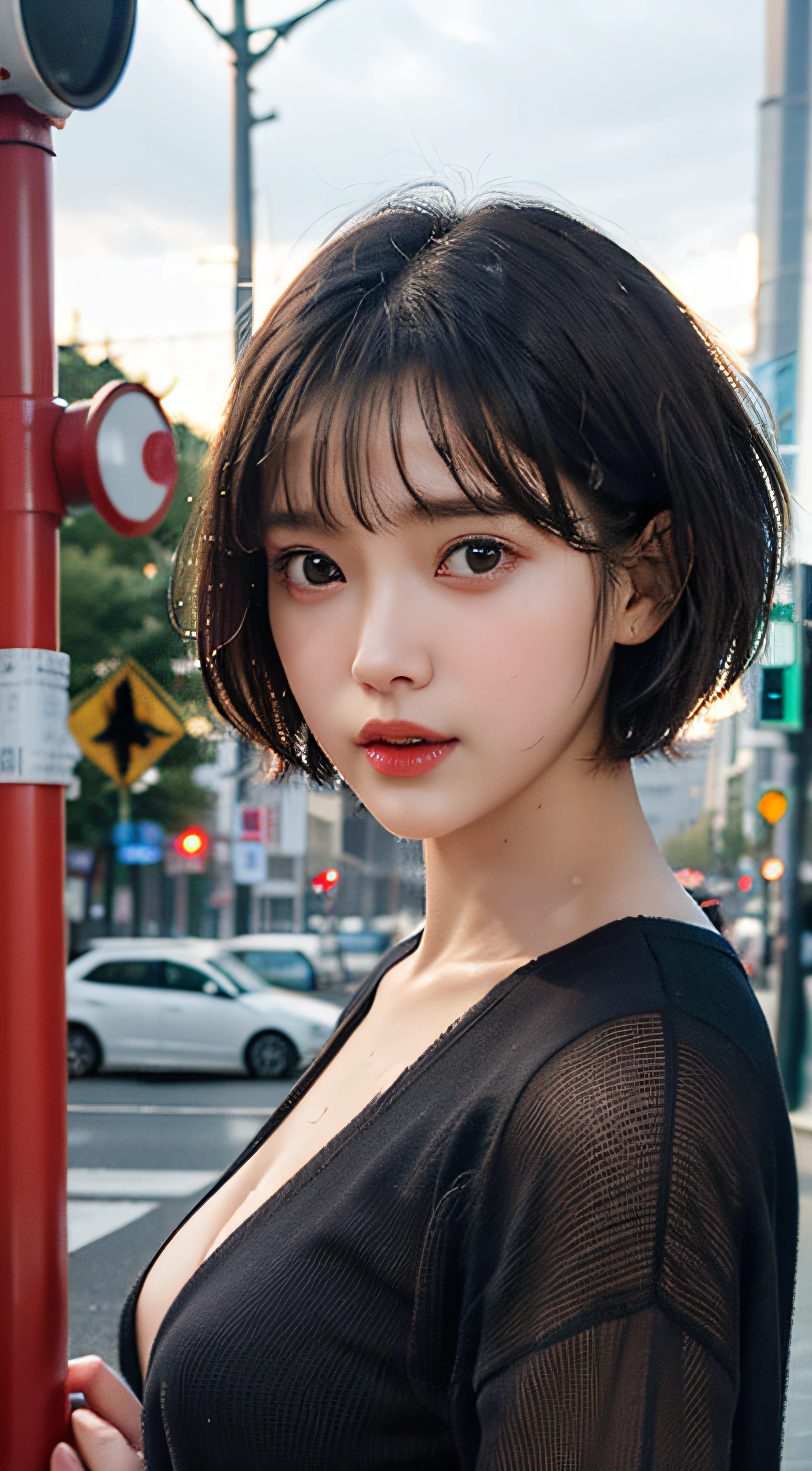 1Girl, Detail skin, viewer, brown eyes, (short hair with bangs:1.2), (Medium Tits:1.0), (photorealestic:1.4), (Highest Quality:1.0), (The ultra-Highres:1.0), 8K, Raw-Photo, (masterpiece:0.2),. Rainy city, In front of the level crossing, There are a lot of people on the street, Wet hair, wetclothes, Rainwater running down your face, In front of a traffic light