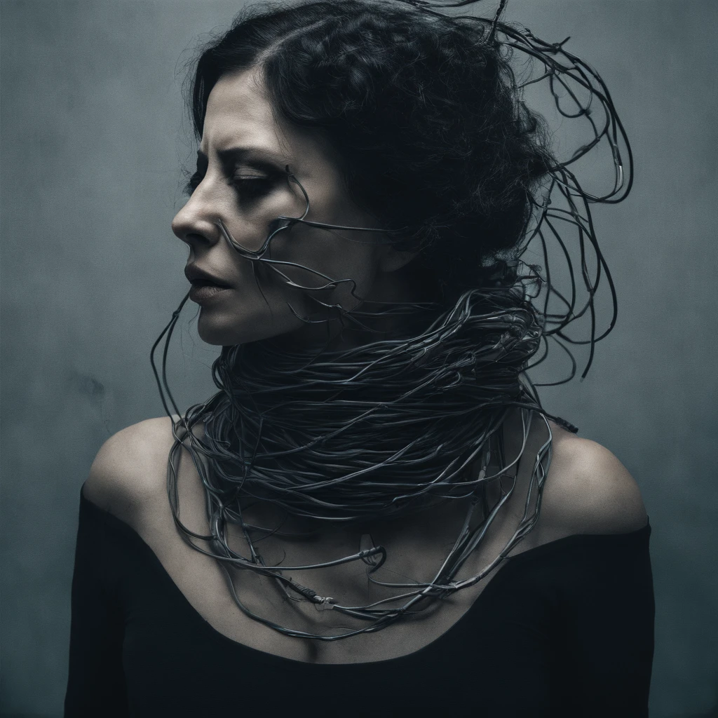 close up of woman getting strangled by cables, cables around her neck, chocked by wires, beautiful woman trying to breath.