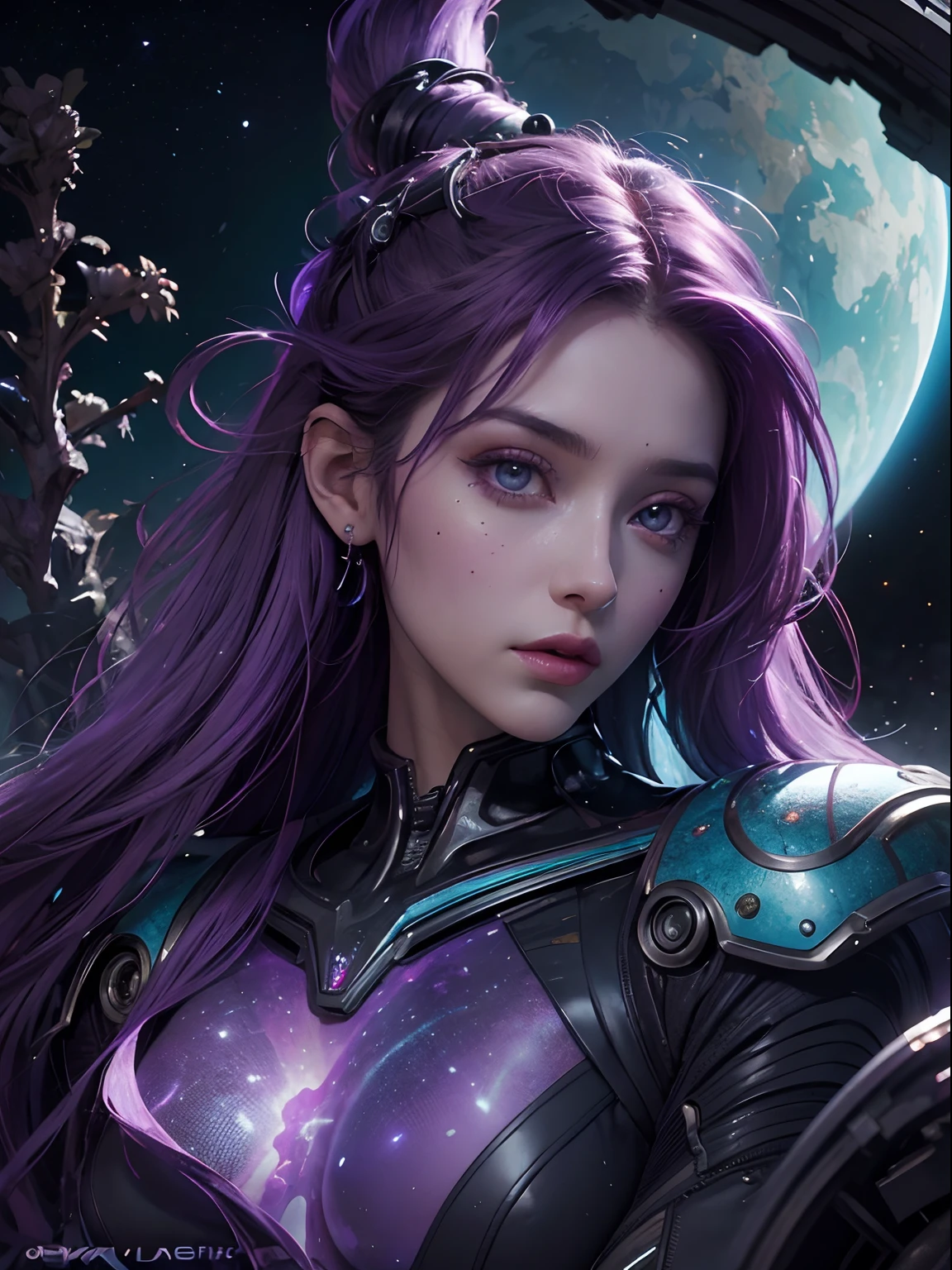 Masterpiece, RAW photo, hyper photorealistic, Beautiful alien girl with a lot of purple hair, on a far fantastic planet, cosmic landscape, cute sexy, highly detailed, sci-fi aesthetic, fantasy aura, unearthly vegetation, by rutkowski, hdr, intricate details, hyperdetailed, cinematic, depth of field, rim light