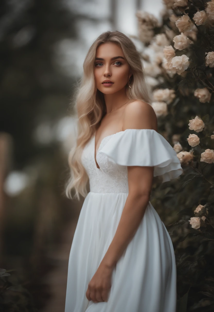 Realistic white Instagram influencer, best quality, Blond, 1人, blaue Augen, in white, enger, kurzes Kleid