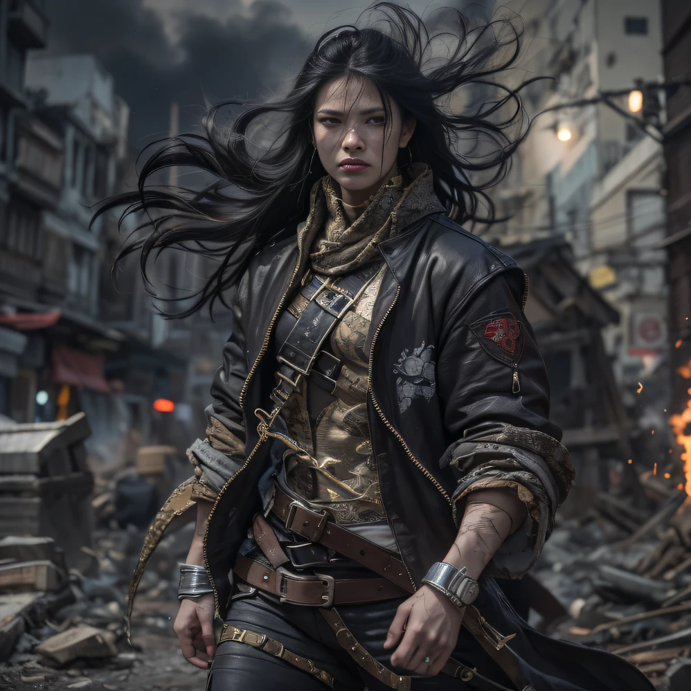 Doomsday ruins(废墟)Urban backstreets(Armageddon)eyes filled with angry,He clenched his fists,Rush up,Deliver a fatal blow to your opponent,full bodyesbian,Full Body Male Mage 32K(Masterpiece Ultra HD)Long flowing black hair,Campsite size,zydink, The wounded lined up in the streets(Doomsday ruins)Climb the streets, The scene of the explosion(Doomsday waste), (Linen batik scarf), Angry fighting stance, looking at the ground, Batik linen bandana, Chinese python pattern long-sleeved garment, Backstreets(Abstract propylene splash:1.2), Dark clouds lightning background,废墟(realisticlying:1.4),Black color hair,Flour fluttering,Telephoto lens high, A high resolution, the detail, RAW photogr, Sharp Re, Nikon D850 Film Stock Photo by Jefferies Lee 4 Kodak Portra 400 Camera F1.6 shots, Rich colors, ultra-realistic vivid textures, Dramatic lighting
