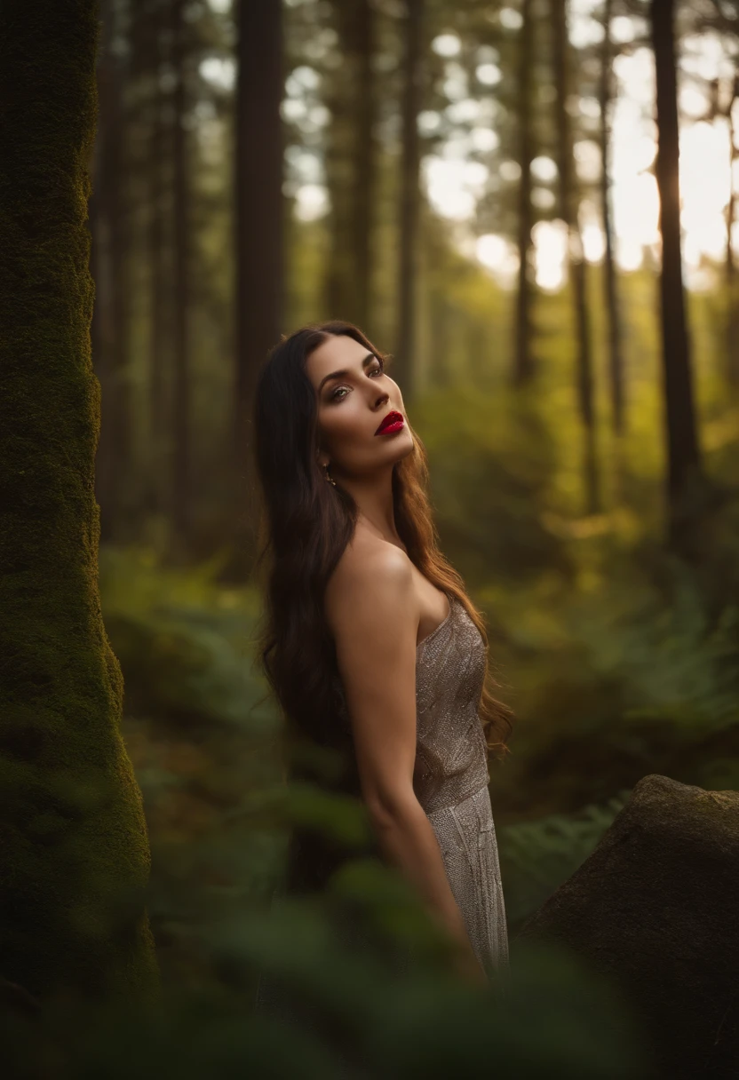 best quality,best lighting,whole body,a woman with long hair and a red lip is standing in a forest with trees and rocks in the background