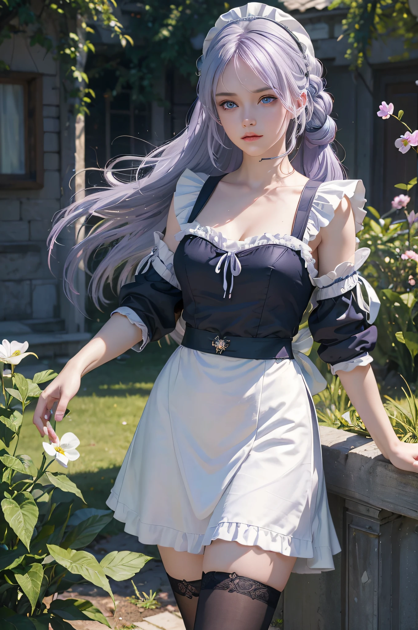 The tooltip for a given topic looks like this: "Girl with a European face, Aryan face, 20years old, Silvery-purple hair, pale purple-blue hair, Bright blue eyes, Her hair is tied up in a bun and falls to her right shoulder. ((Dressed in a comfortable suit of a strict classic maid)), ((white apron)), (White bonnet on his head), stockings on the legs, (((clothes in dark colors))), close-fitting clothes, (Best Quality, 4k, 8K, hight resolution, Masterpiece:1.2) Ultra-detailed features, including realistic, Photorealistic eyes and face. The figure shows the media (Insert Material) that resembles an illustration, oil painting, or 3D rendering. Girl in the garden with bright flowers and sharp focus, soft studio lighting. The overall atmosphere is calm and serene, with a touch of unearthly beauty. The color scheme is dominated by shades of black, Creating a dreamy and surreal aesthetic."