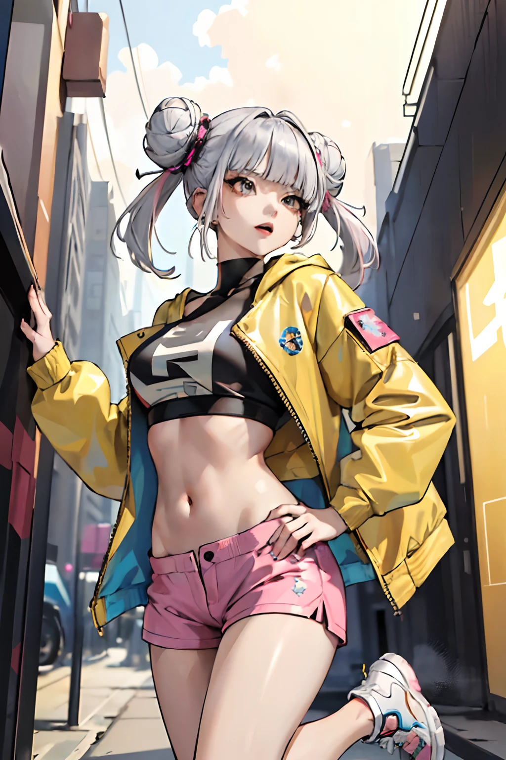 (masterpiece, top quality, best quality, official art, beautiful and aesthetic:1.2), (1girl:1.3), (fractal art:1.3),Short Pink Pants, Double Bun with Bangs, colorful, dynamic, confident, expression, attention-grabbing, stylish, fashion, cyberpunk, Double Bun with one side Bangs longer than the other, silver hair, Short yellow jacket, Yellow Crop Top, White Shoes,