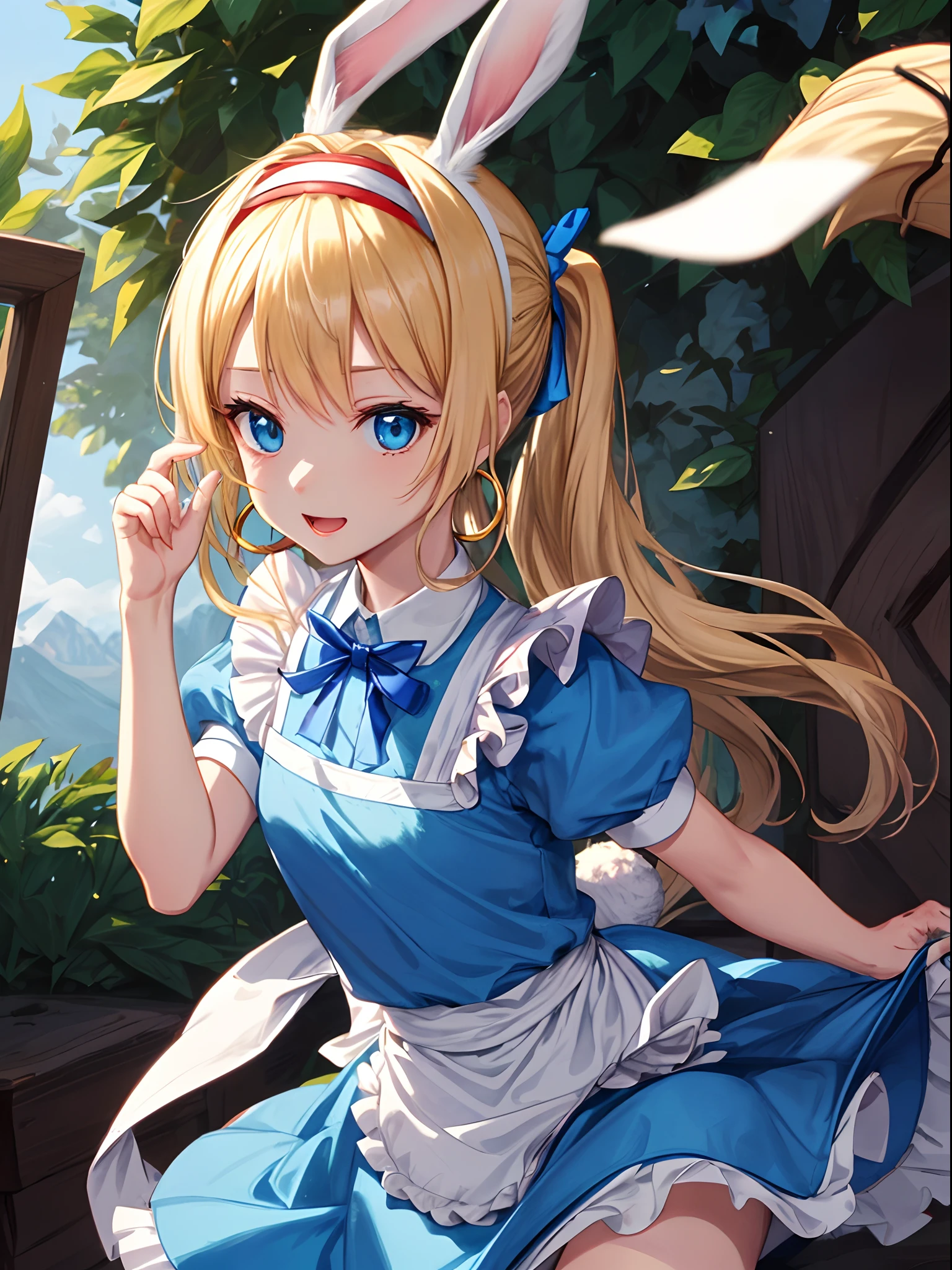 (masutepiece, Best Quality, 8K:1.37), Solo、Female 1、sings、Happy face、((Sing with a magic wand:1.3))、(Little rabbits are everywhere:1.2)、((alice liddell, Blue Dress, White Apron, black hairband, White long socks,Red ribbons,:1.3))、(Sleeveless)、((a blond、double ponytails、Rabbit ears:1.5))、Shyness、uses magic、Rabbit ears、Idol、Twinkle,(Anime, tone mapped:1.2),Light blue eyes, 、Sleeveless、 closes mouth, hoop earrings, Jewelry, Looking at Viewer, Upper body, (symmetric), (exceptional, Best aesthetic, new, newest, Extremely detailed:1.2), With intensely seductive blue eyes, Best Bust、Valley、Happiness、A slender、((The background is Alice from Fantastic Wonderland:1.5)),masutepiece、Elaborate design、visualart,Anime visuals of cute girls, anime wallaper, anime style 4 k,