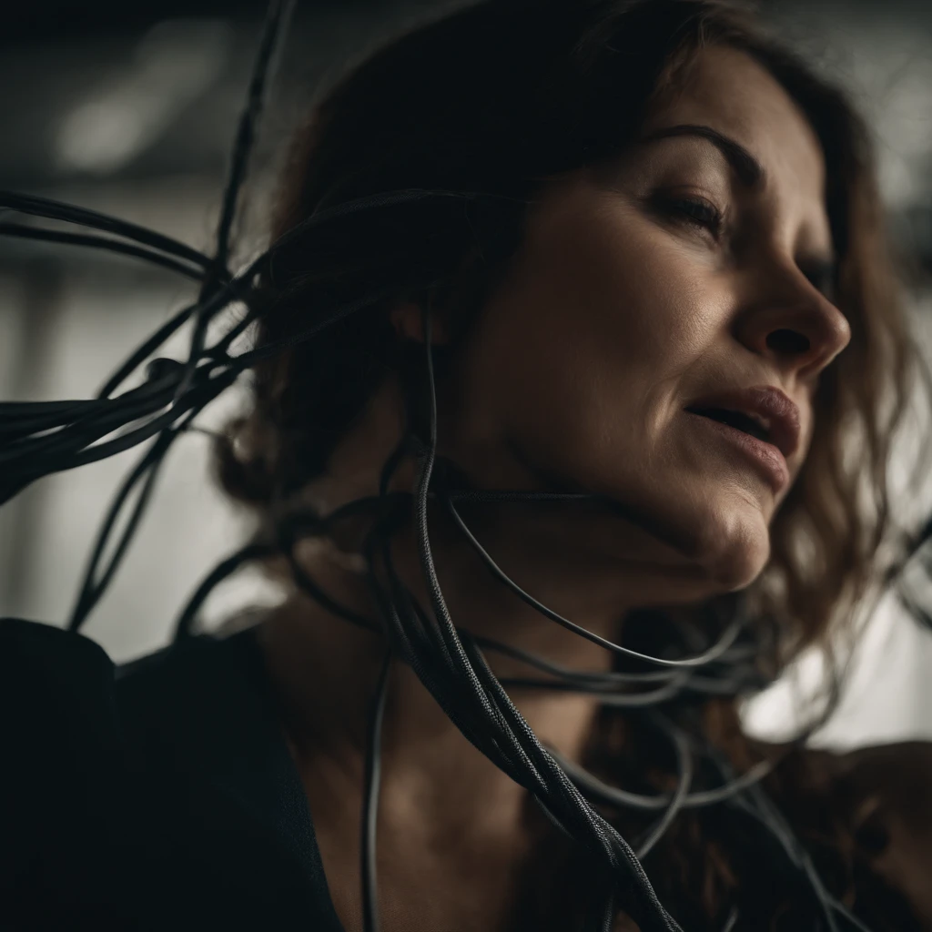close up of woman getting strangled by cables, cables around her neck, chocked by wires, beautiful woman trying to breath.
