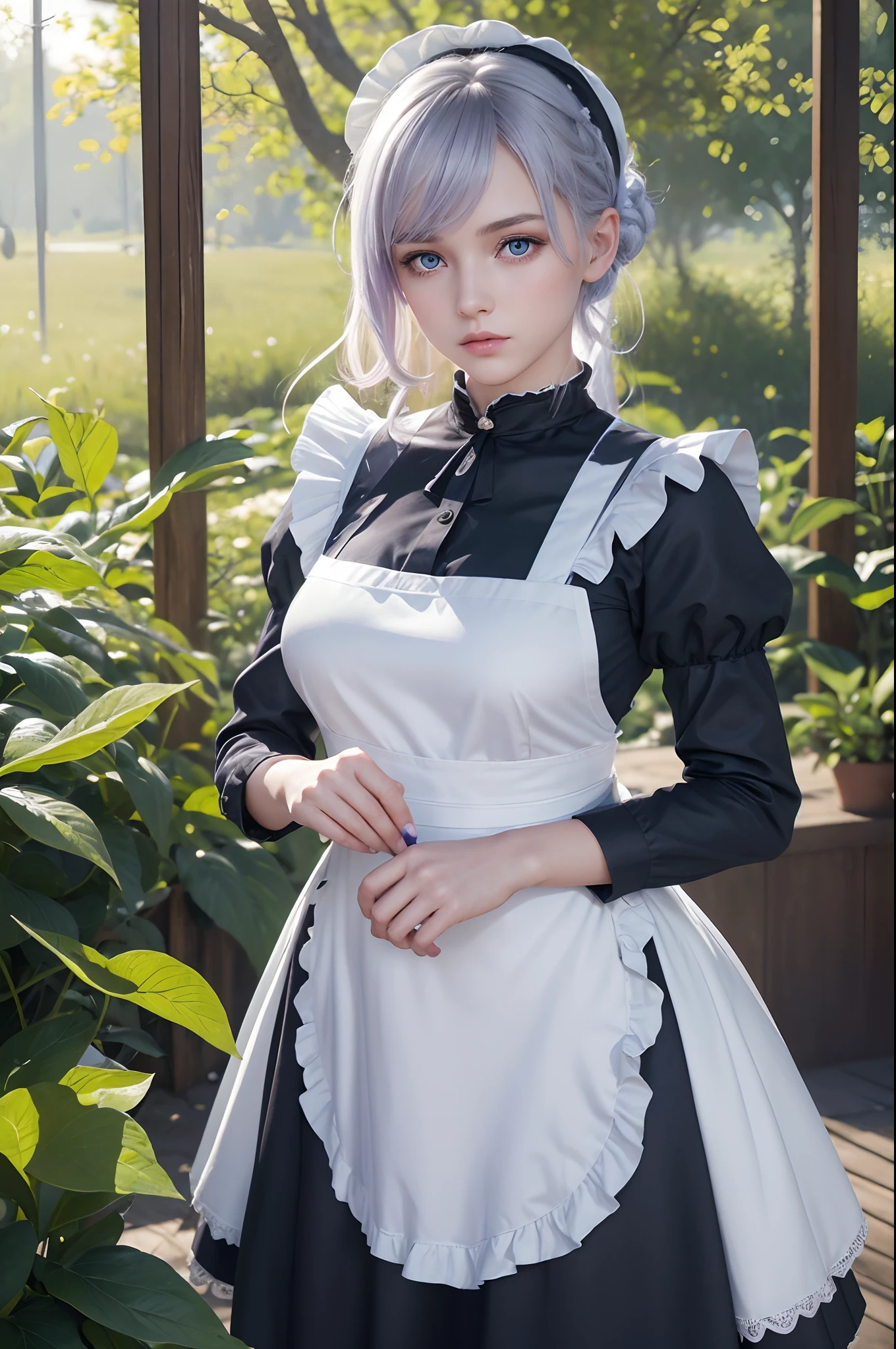 The tooltip for a given topic is as follows: "Girl with a European face, Aryan face, 20years old, Silvery-purple hair, pale purple-blue hair, Bright blue eyes, Her hair is tied up in a bun and falls to her right shoulder. ((Dressed in the costume of a strict classic maid)), ((white apron)), (White bonnet on his head), stockings on the legs, (((clothes in dark colors))), Strict clothing, (((Long hem covering the legs))) (Best Quality, 4k, 8K, hight resolution, Masterpiece:1.2) Ultra-detailed features, including realistic, Photorealistic eyes and face. The figure shows the media (Insert Material) that resembles an illustration, oil painting, or 3D rendering. Girl in the garden with bright flowers and sharp focus, soft studio lighting. The overall atmosphere is calm and serene, with a touch of unearthly beauty. The color scheme is dominated by shades of black, Creating a dreamy and surreal aesthetic."