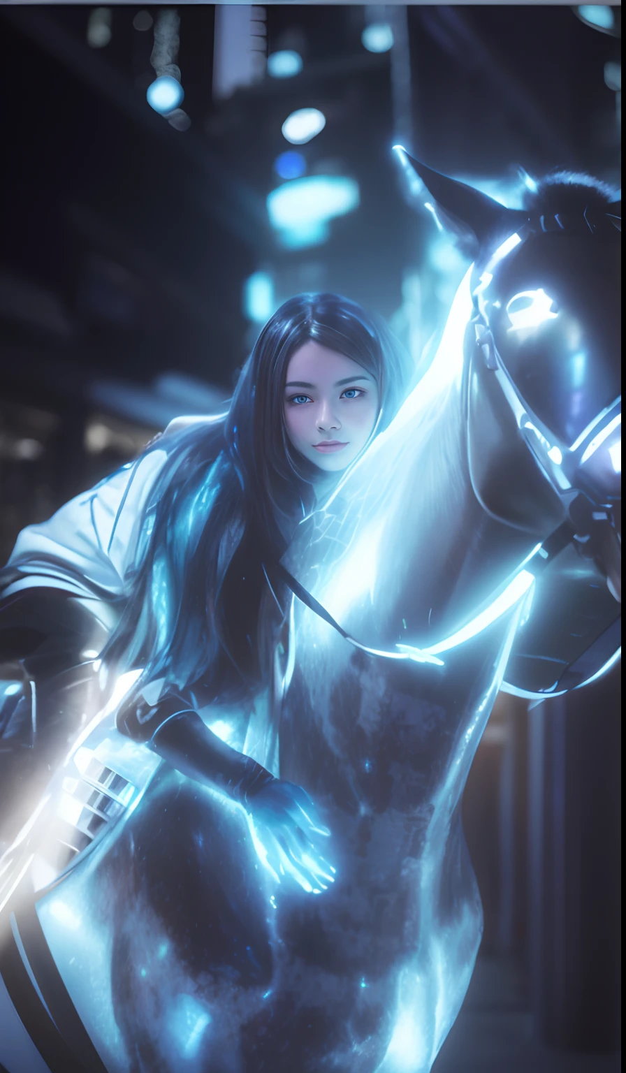 Highest image quality, outstanding details, ultra-high resolution, (realism: 1.4), the best illustration, favor details, highly condensed 1girl, with a delicate and beautiful face, dressed in a blue and blue mecha, wearing a mecha helmet, holding a directional controller, riding on a motorcycle, the background is a high-tech lighting scene of the future city.