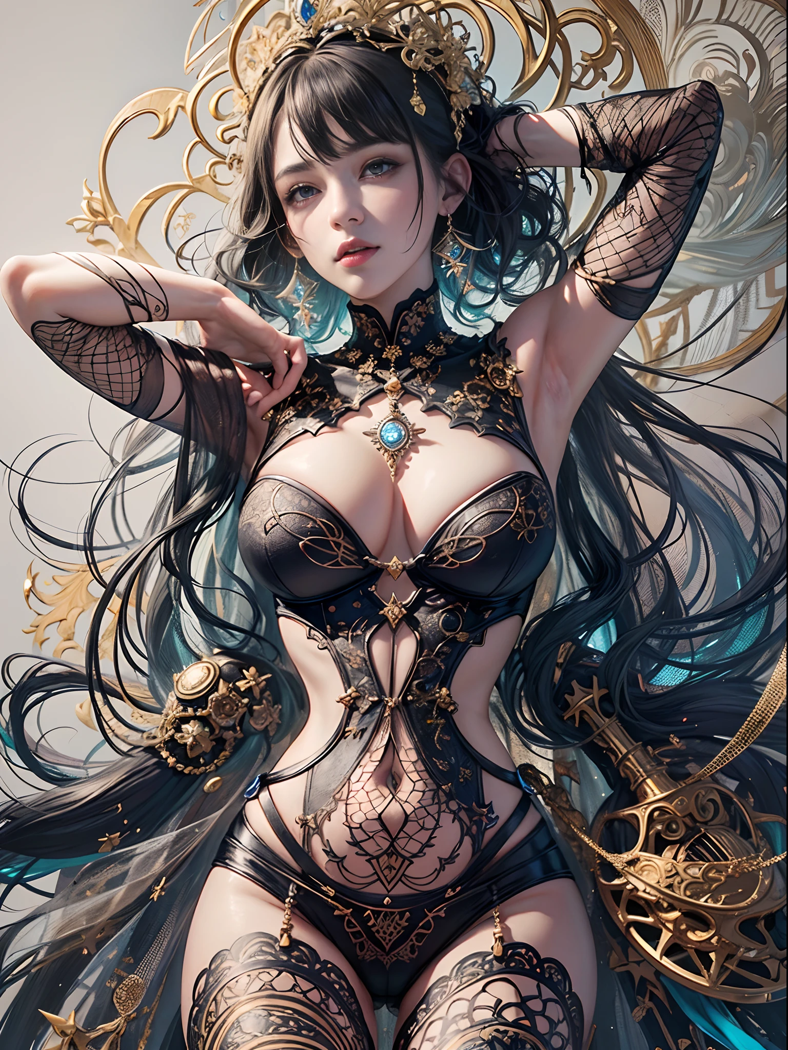 Official Art, Unity 8k Wallpapers, ultra-detailliert, Beautifully Aesthetic, masterpiece, top-quality, (Zentangle, a Mandala, Tangled, Entangled), (Fractal art: 1.3), 1girl, ighly detailed, dynamic ungle, cowboy shot, The most beautiful forms chaotic, elegent, Fauvistdesign, bright colour, romanticism, James Jean, Robbie De Viantano, Rostran, Francis Bacon, Michal Muraz, Adrian Gany, Petrakot Light, Gerhard Trichter, Takashi Yamamoto, Ashley Wood, ambiance、ecstatic notes、Visible Flow Notes、(Black silk)、(full bodyesbian)、Dewy