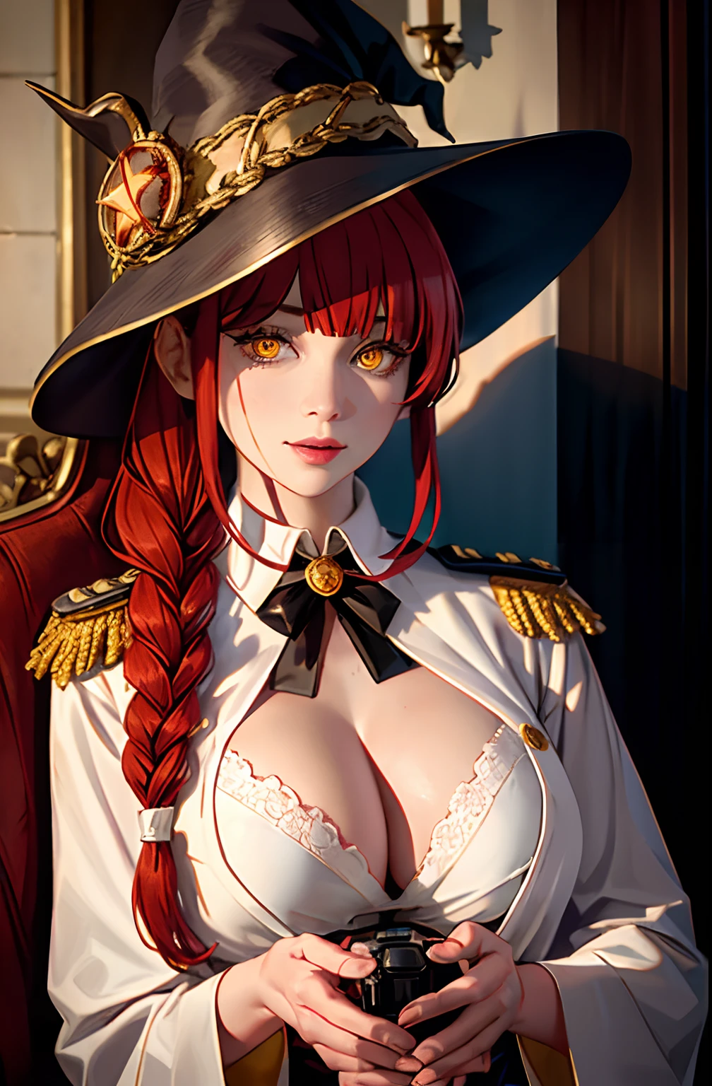 Medium tits, masterpiece, (photorealistic:1.4), best quality, beautiful lighting, big witch hat, cleavage, admiral long coat, shoulder badge, (ulzzang-6500:0.5), makima \(chainsaw man\), (red hair)+(single long braided hair)+(bangs), yellow eyes, golden eyes, ((ringed eyes)), (white shirt),
RAW photo, 8k uhd, film grain, at castle, mediavel, smile