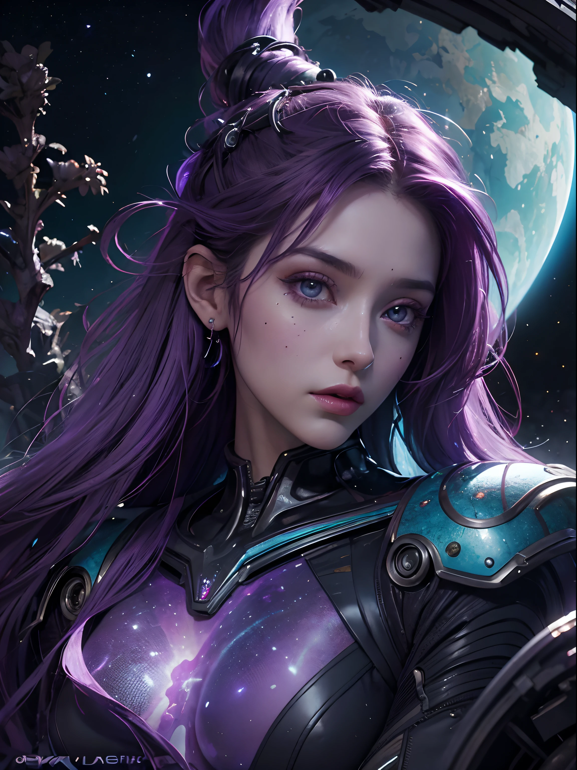 Masterpiece, RAW photo, hyper photorealistic, Beautiful alien girl with a lot of purple hair, on a far fantastic planet, cosmic landscape, cute sexy, highly detailed, sci-fi aesthetic, fantasy aura, unearthly vegetation, by rutkowski, hdr, intricate details, hyperdetailed, cinematic, depth of field, rim light