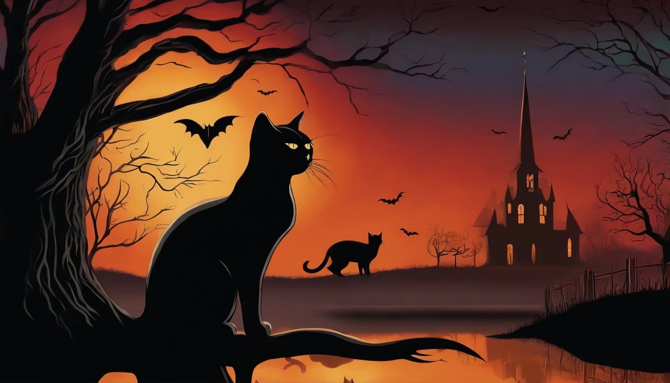 Dark Gothic Mist Halloween Black Cat Art Painting, estilo vintage