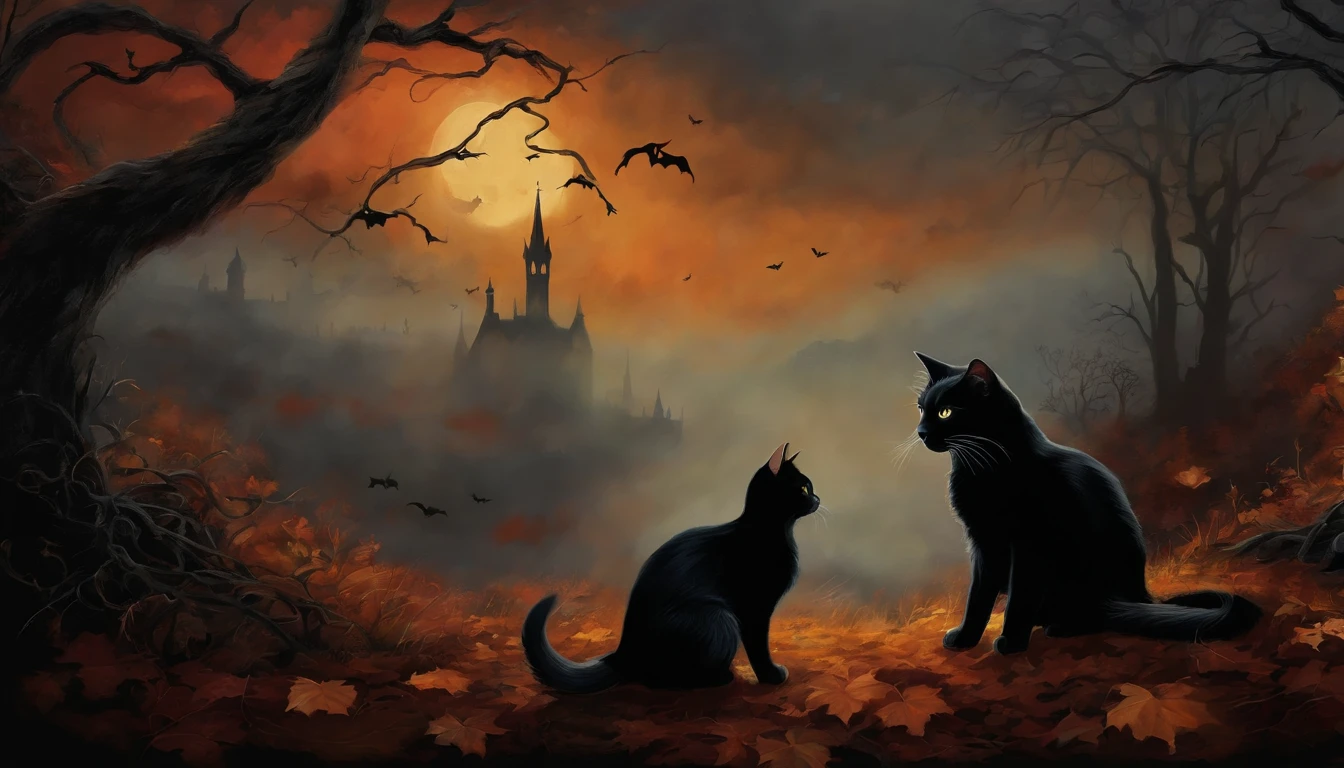 Dark Gothic Mist Halloween Black Cat Art Painting, estilo vintage