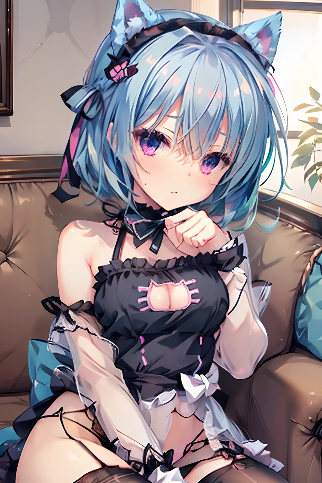 NSFW,Edge Quality, Edge Cat Lingerie,
I'm wearing edgy lingerie,
Cat clippings,
cleavage cutout,
Model license scope,lightblue hair,Pink eyes,Light blue ****ta,Cat's ears,Striped socks,Top image quality,Best Quality,masutepiece