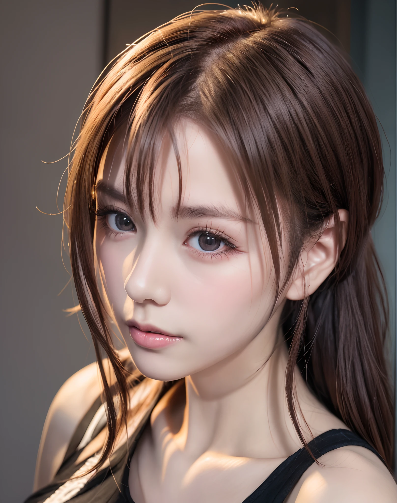 8K,Best Quality, masutepiece, 超A high resolution, (Photorealistic:1.4), Raw photo, (Authentic skin texture:1.3), (Film grain:1.3), (Selfie angle),1girl in, Bun hairstyle, Brown hair, Sitting, Chair, bored, Hand supporting chin, beautiful detailed eyes and face,masutepiece, Best Quality,close-up,upper bod,