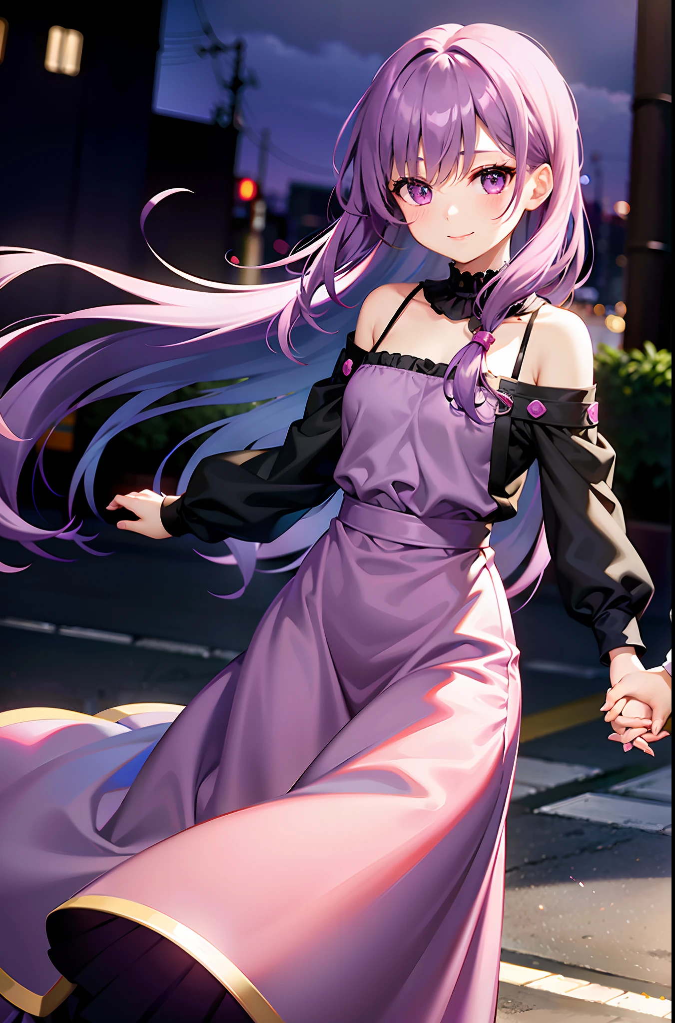 purple hair, long skirt,small cup booba hold, long sleeves, purple hair, purple eyes, female, cute, cheerful, smile, blush, street view, looking at us, modest clothes, holding hands