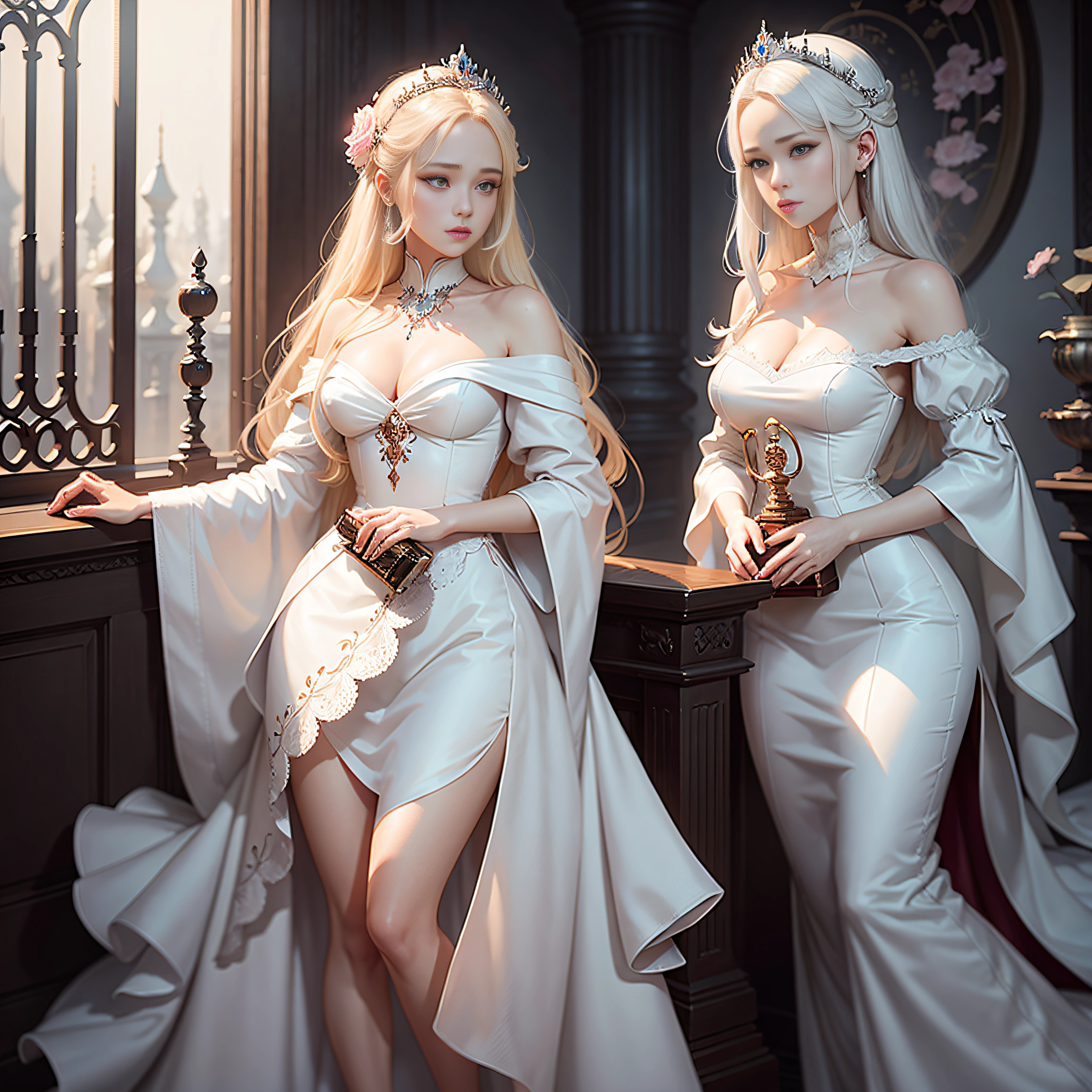 There is a woman in a white dress holding a music box, artwork in the style of guweiz, guweiz on pixiv artstation, guweiz on artstation pixiv, guweiz, Fantasy Art Style, guweiz masterpiece, Beautiful and Elegant Queen, beautiful character painting, Detailed Digital Anime Art, blonde - haired princess, White hair, sky-blue eyes, Pink lips --auto