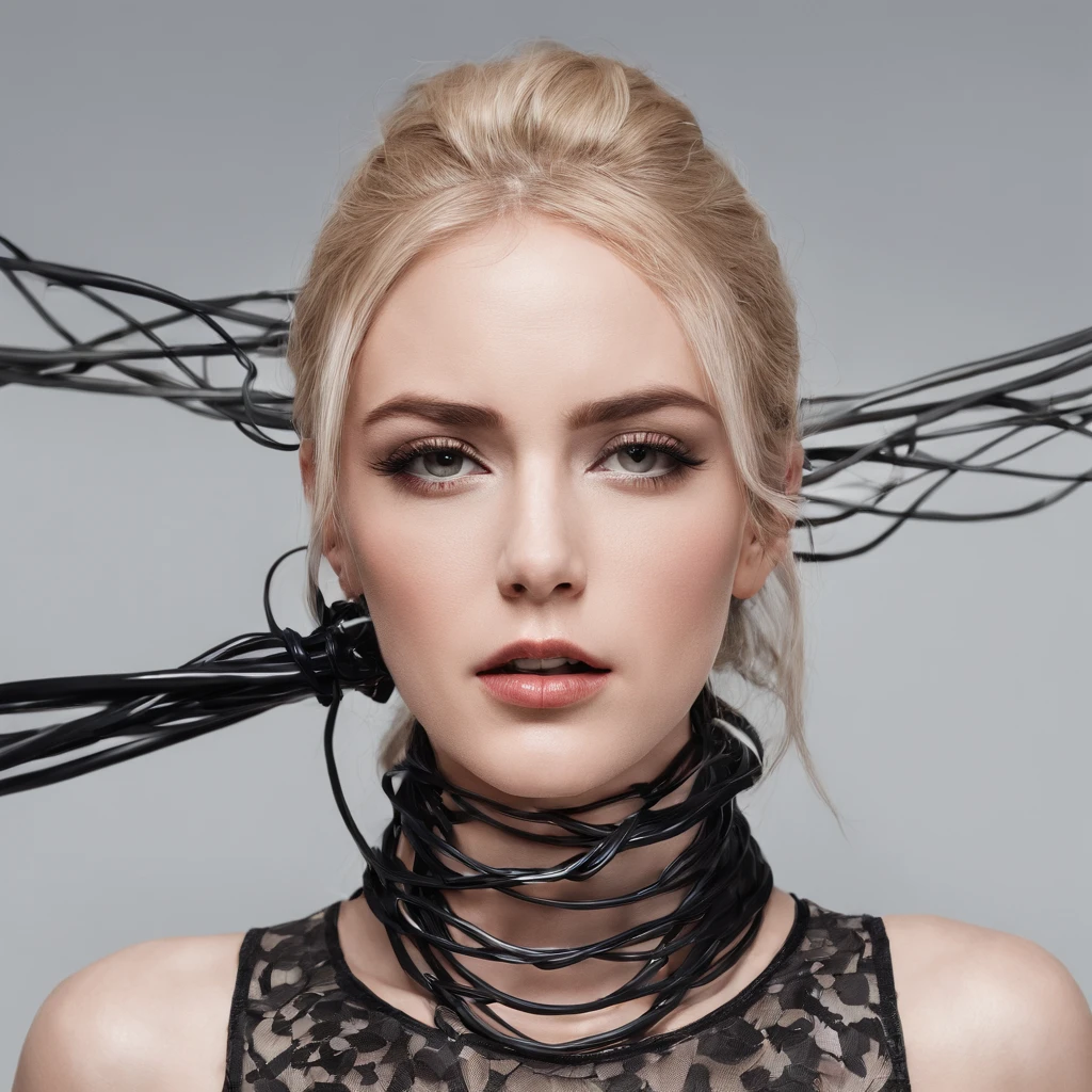close up of woman getting strangled by cables, cables around her neck, chocked by wires, beautiful woman trying to breath.