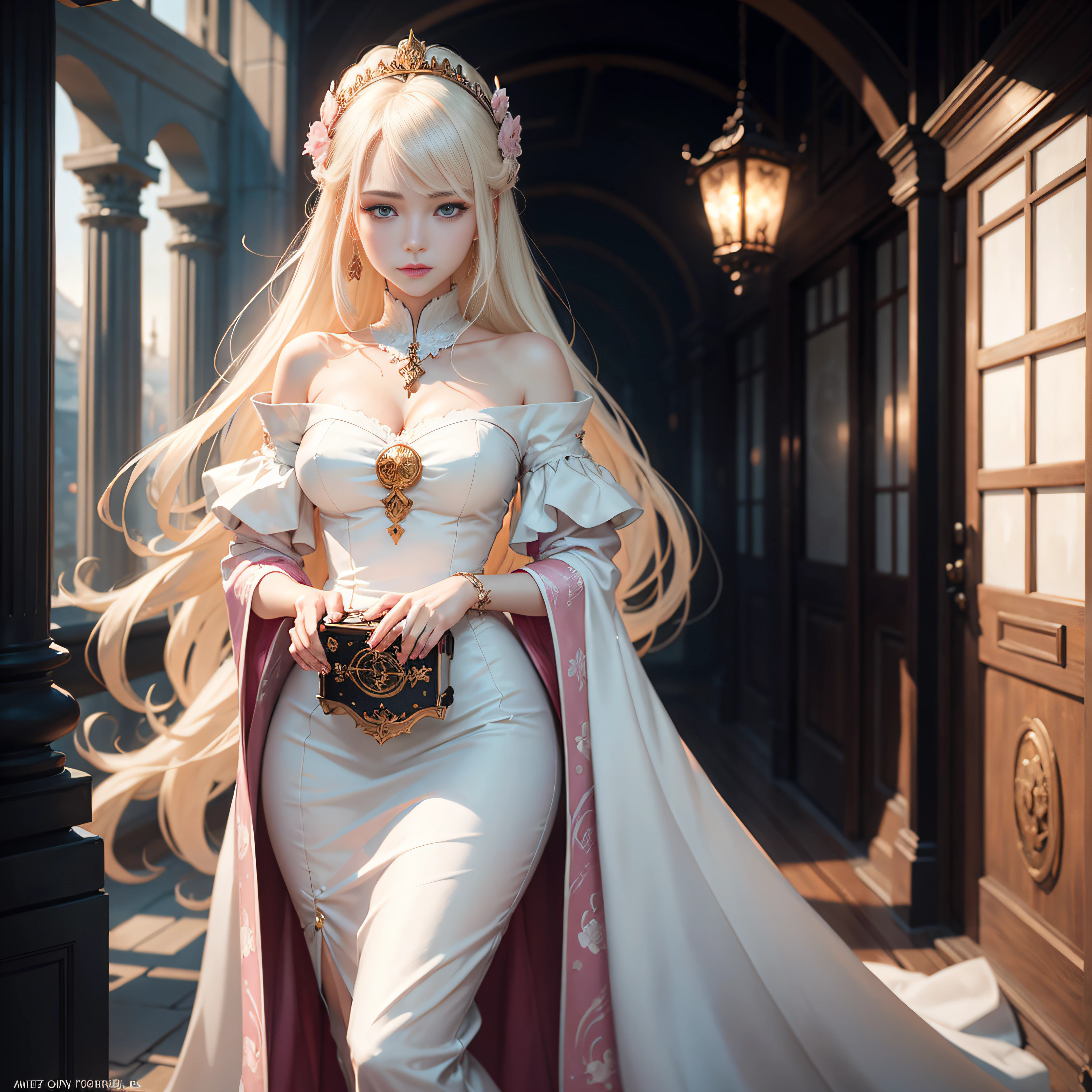 There is a woman in a white dress holding a music box, artwork in the style of guweiz, guweiz on pixiv artstation, guweiz on artstation pixiv, guweiz, Fantasy Art Style, guweiz masterpiece, Beautiful and Elegant Queen, beautiful character painting, Detailed Digital Anime Art, blonde - haired princess, White hair, sky-blue eyes, Pink lips --auto