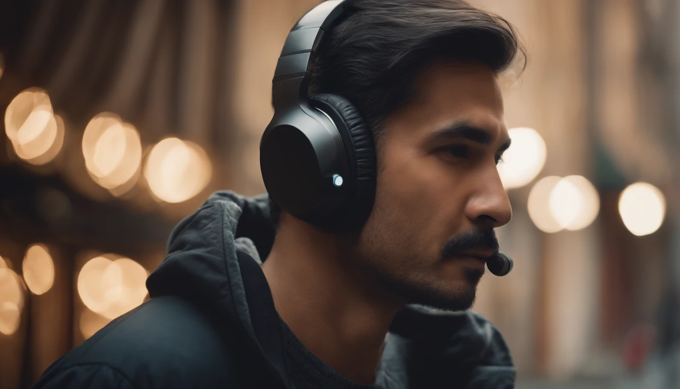 Man face full profile outdoor morning oriental listening to headphone music