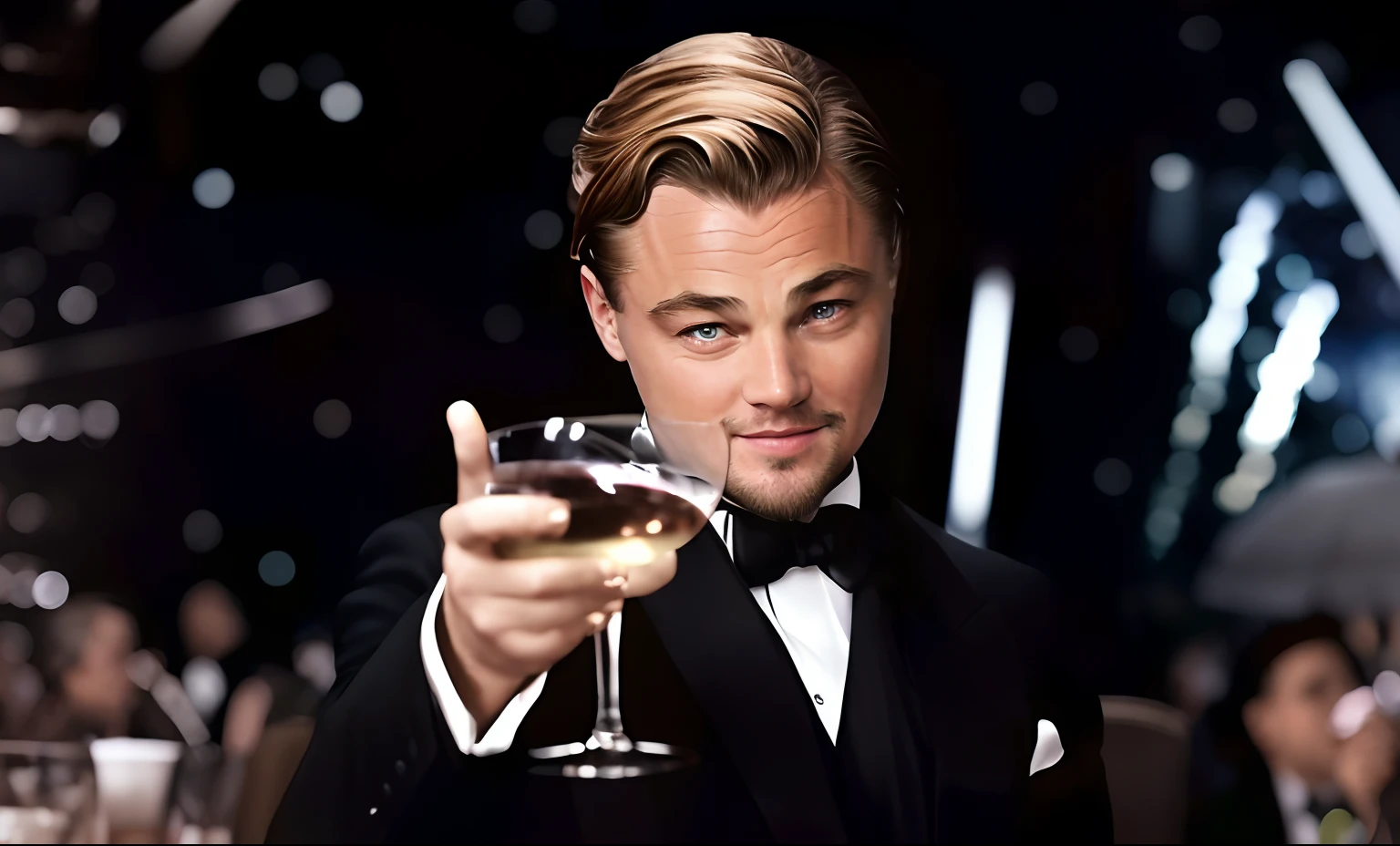 An Afef man in a tuxedo holds a glass of wine, "Leonardo DiCaprio, Leonardo DiCaprio, Leonardo DiCaprio's face, Leonardo DiCaprio meme, smug smirk, cheers, portrait of leonardo dicaprio, big laughter, 1 9 2 0 s movie actor, holding a drink, self - satisfied smirk, drinking a drink, a color, Take a martini