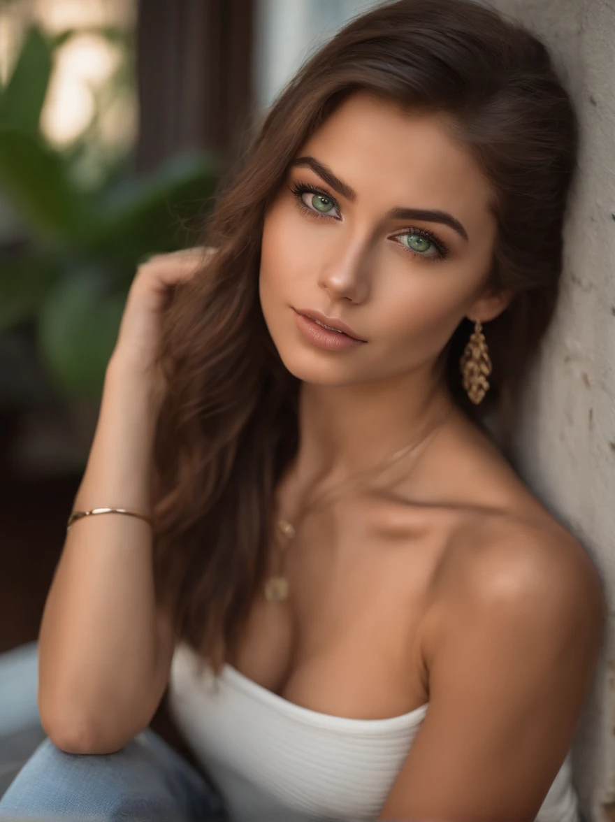 arafed woman with a white tank top and a necklace, sexy girl with green eyes, portrait sophie mudd, brown hair and large eyes, selfie of a young woman, bedroom eyes, violet myers, without makeup, natural makeup, looking directly at the camera, face with artgram, subtle makeup, stunning full body shot, piercing green eyes, beautiful angle, attractive pose, cute girl, sexy pose, full body picture, full body, full body shoot, brunette goddess, high detail, satisfied pose, leather pants