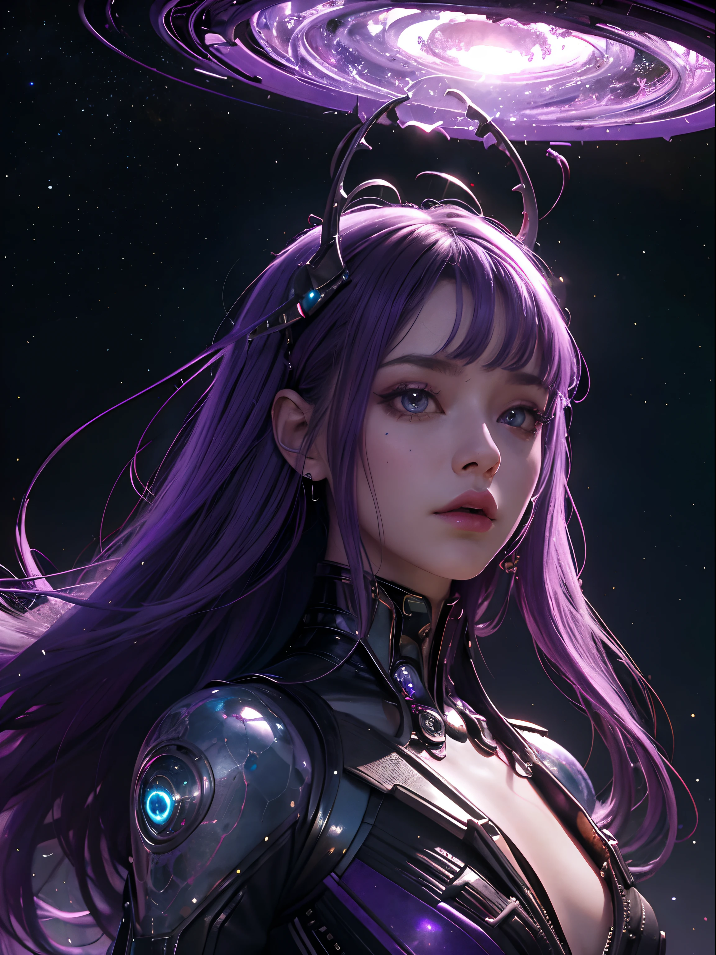 Realistic, Photorealistic, Masterpiece, RAW photo, full-length portrait, Beautiful Alien Woman With Lots Of Purple Hair, On a distant fantasy planet, Cosmic landscape, Cute sexy, Highly detailed, scifi aesthetic, Fantasy Aura, Unearthly vegetation, HDR, intricate details, realistic face and eyes, hyper-detailing, Author: Giger, Cinematic, Depth of field, rim light