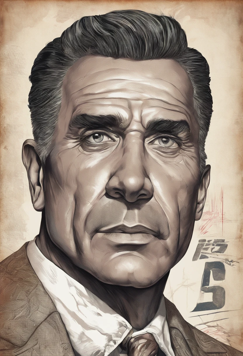 Rodrigo, massive but not overly so, 60 years old, well-to-do, classy, business-like look, Brazilian gang leader, Brazilian origin, dark hair, marked by a life of combat, in color, front,dangerous illegal shooter, wearing blue suit, no beard, detailed portrait, Vintage Illustration, High resolution, Realistic colors, Complex drawing, vivid colors, dramatic lighting, American close-up shot,
