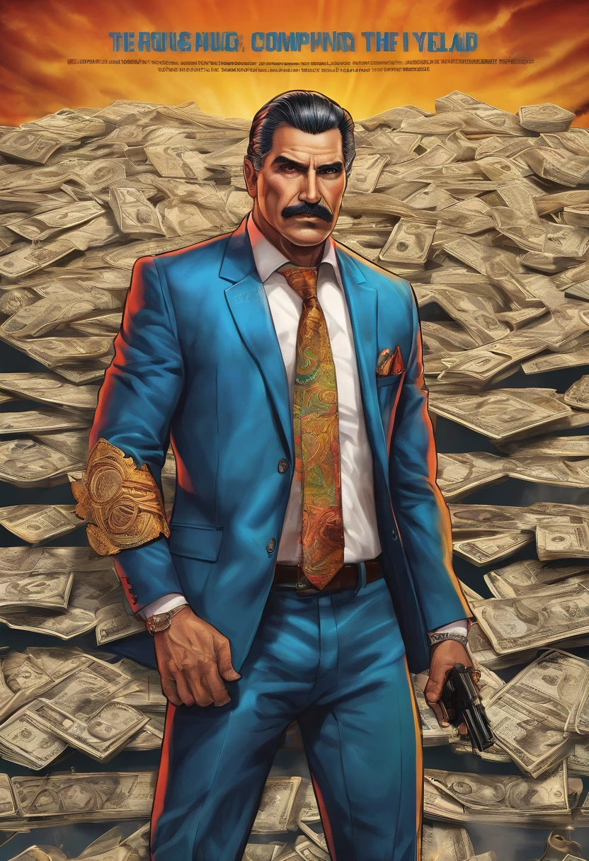 Rodrigo, massive but not overly so, 60 years old, well-to-do, classy, business-like look, Brazilian gang leader, Brazilian origin, dark hair, marked by a life of combat, in color, front,dangerous illegal shooter, wearing blue suit, no beard, detailed portrait, Vintage Illustration, High resolution, Realistic colors, Complex drawing, vivid colors, dramatic lighting, American close-up shot,