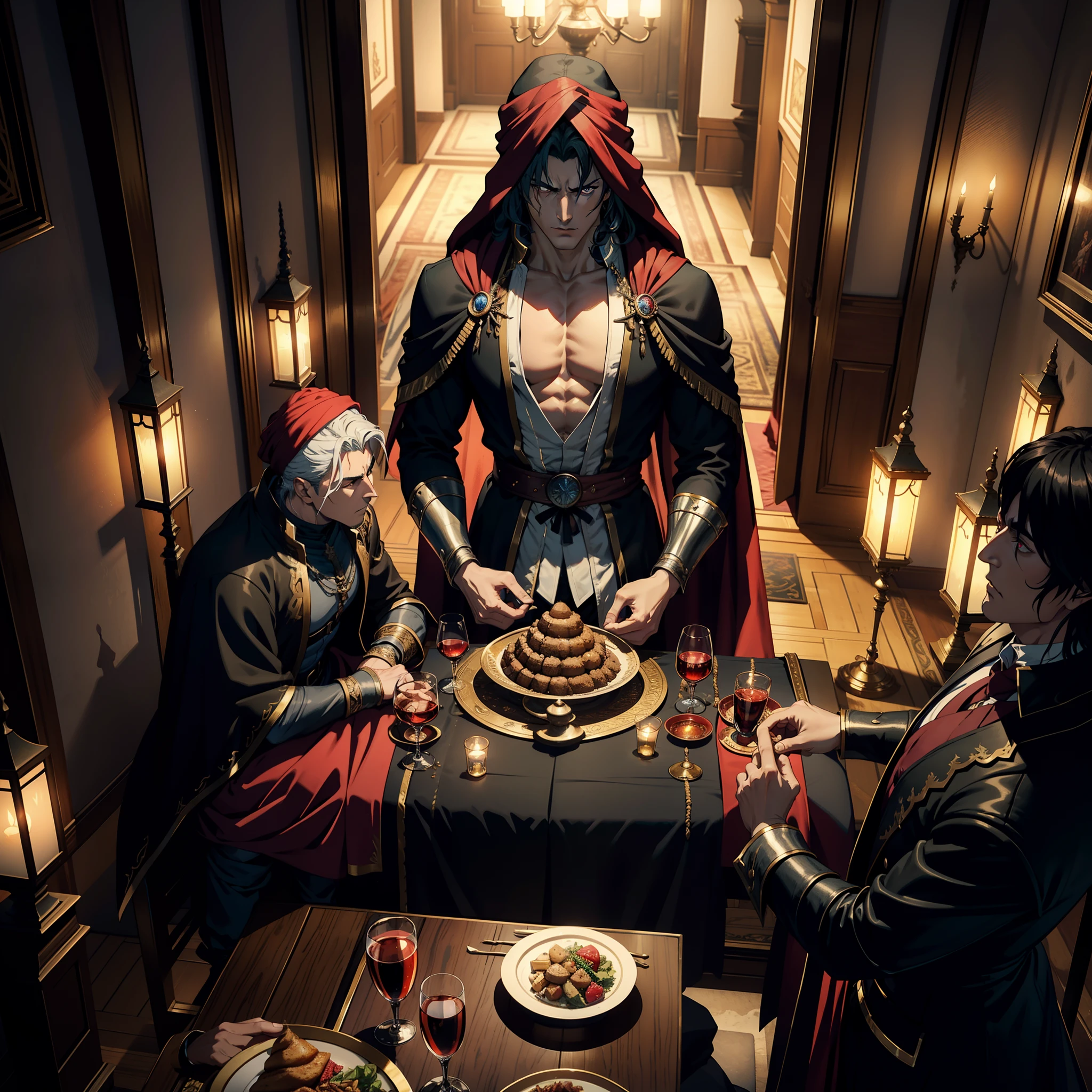 Castlevania Hyper Realistic Shadow Lord Super Detailed Dynamic Shot Masterpiece Cinematic Scenes Epic Movie Legendary Lord Dracula Handsome Muscular Kenshiro Hokuto No Ken Facial structure with red turban with Moroccan Moroccan sitting with 10 consultants wearing Moroccan Moroccan Wear all the same Carry on a large dining table 3D Camera View Wearing a traditional Moroccan environment wearing a castle Medieval Moroccan Interior Drinking Eating 3D View Very Deep View