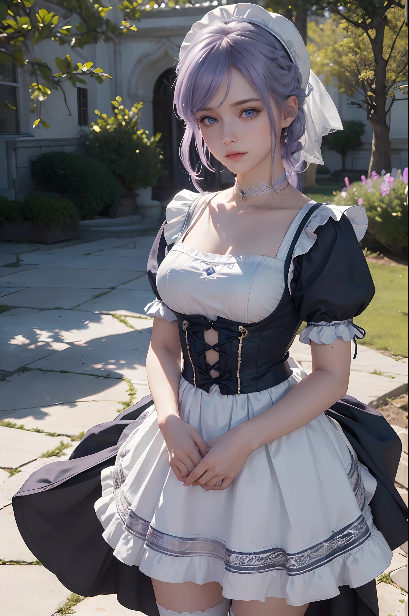 The tooltip for a given topic is as follows: "Girl with a European face, Aryan face, 20years old, Silvery-purple hair, pale purple-blue hair, Bright blue eyes, Her hair is tied up in a bun and falls to her right shoulder. ((Dressed in a comfortable costume of a strict classic maid)), ((white apron)), (White bonnet on his head), stockings on the legs, (((clothes in dark colors))), close-fitting clothes, (Best Quality, 4k, 8K, hight resolution, Masterpiece:1.2) Ultra-detailed features, including realistic, Photorealistic eyes and face. The figure shows the media (Insert Material) that resembles an illustration, oil painting, or 3D rendering. Girl in the garden with bright flowers and sharp focus, soft studio lighting. The overall atmosphere is calm and serene, with a touch of unearthly beauty. The color scheme is dominated by shades of black, Creating a dreamy and surreal aesthetic."