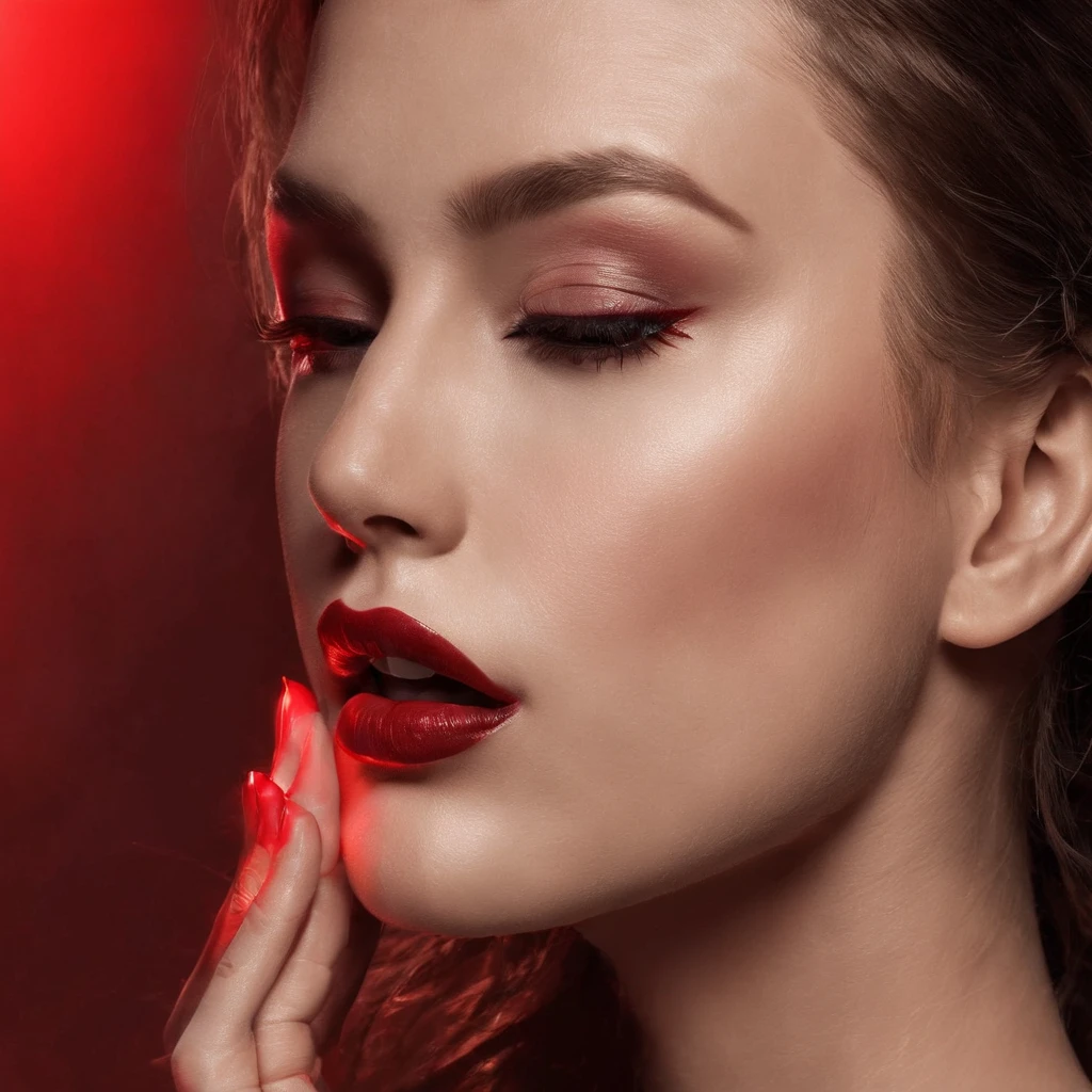 close up of woman's mouth breathing, sexy, red lights, sufffocating