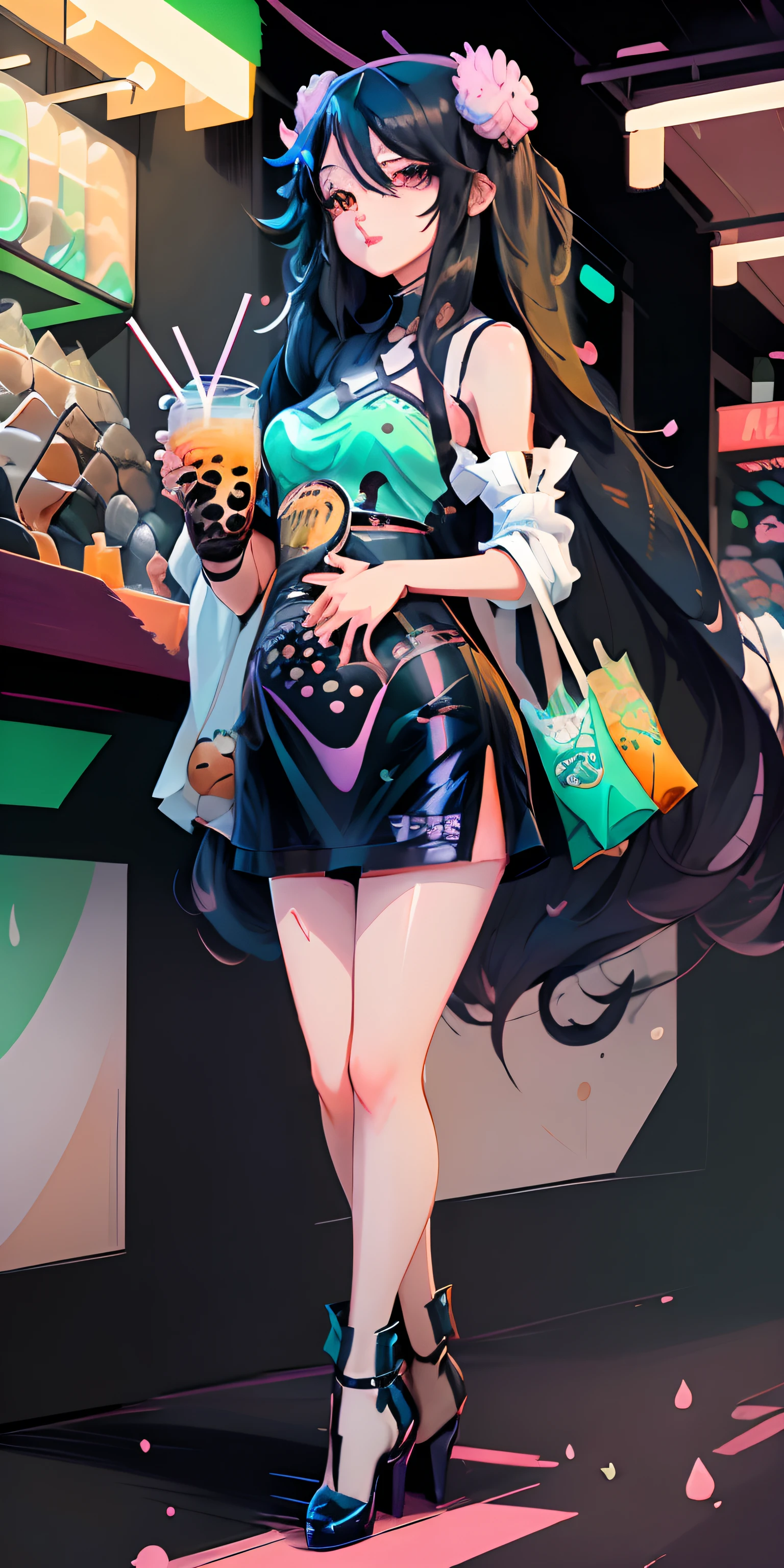 1 cute girl in anime style with long black hair, having a boba drink, fashionable, colorful