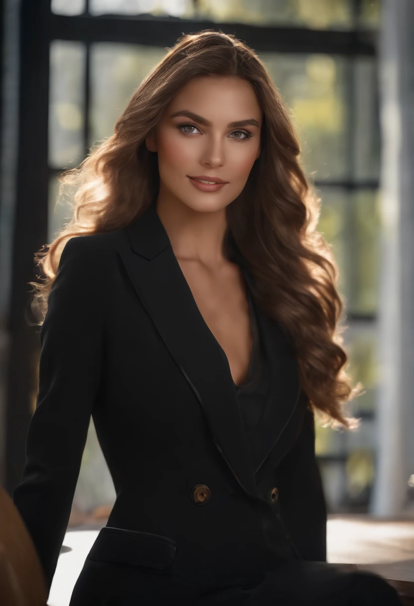 premier quality, Masterpiece, 1 fille, beau visage, (Photorealistic photos:1.3), Rim Lighting, (high detail skin:1.2), 8k UHD, DSLR, High quality, High definition, 4K, 8k, Bokeh, (real: 1.3), petit visage, Mignon une fille, Blazer formel noir, sein moyen, Jupe courte,bureau