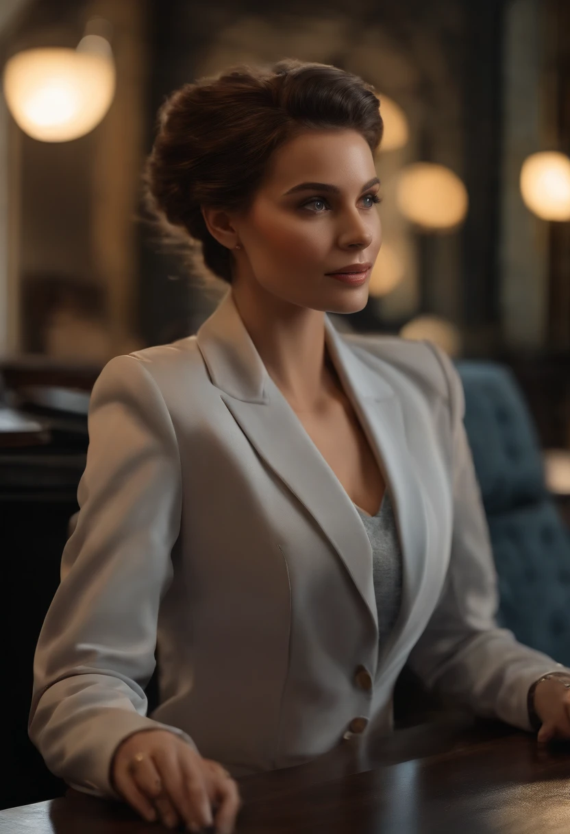 premier quality, Masterpiece, 1 fille, beau visage, (Photorealistic photos:1.3), Rim Lighting, (high detail skin:1.2), 8k UHD, DSLR, High quality, High definition, 4K, 8k, Bokeh, (real: 1.3), petit visage, Mignon une fille, Blazer formel noir, sein moyen, Jupe courte,bureau
