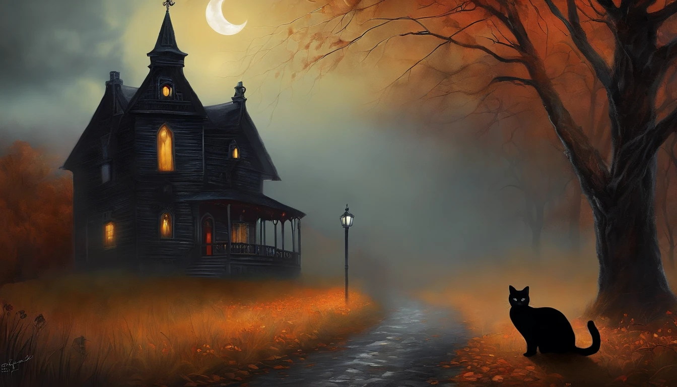 Dark Gothic Fog Morning Halloween Black Cat Art Painting, estilo vintage