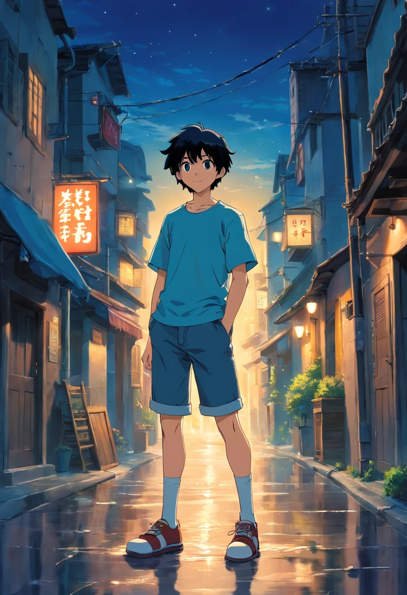 Water canvas in fiber and light art Bob hair anime 1 boy (18 year old) standing in a street in plain shirt Water canvas in fiber and light art, with short black hair High quality, High contrast, ultra fine detailed, Night, At the Fantasy Studio