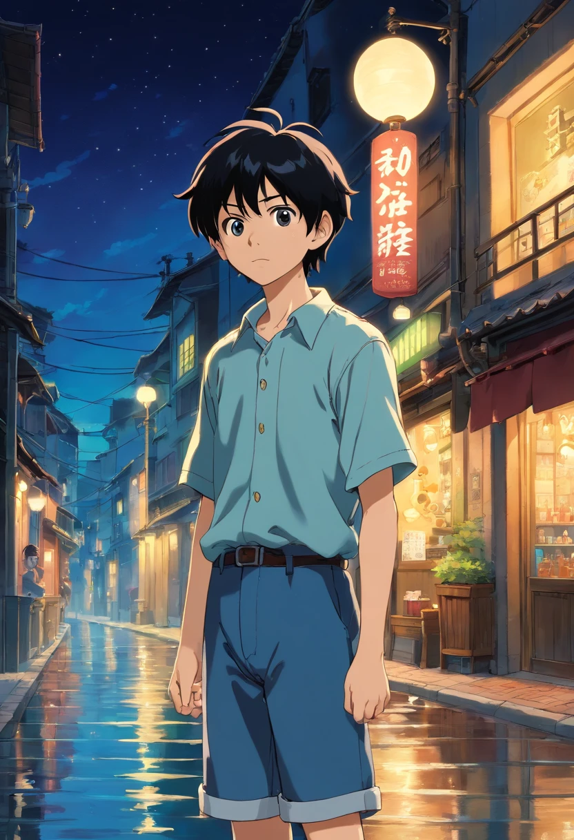 Water canvas in fiber and light art Bob hair anime 1 boy (18 year old) standing in a street in plain shirt Water canvas in fiber and light art, with short black hair High quality, High contrast, ultra fine detailed, Night, At the Fantasy Studio