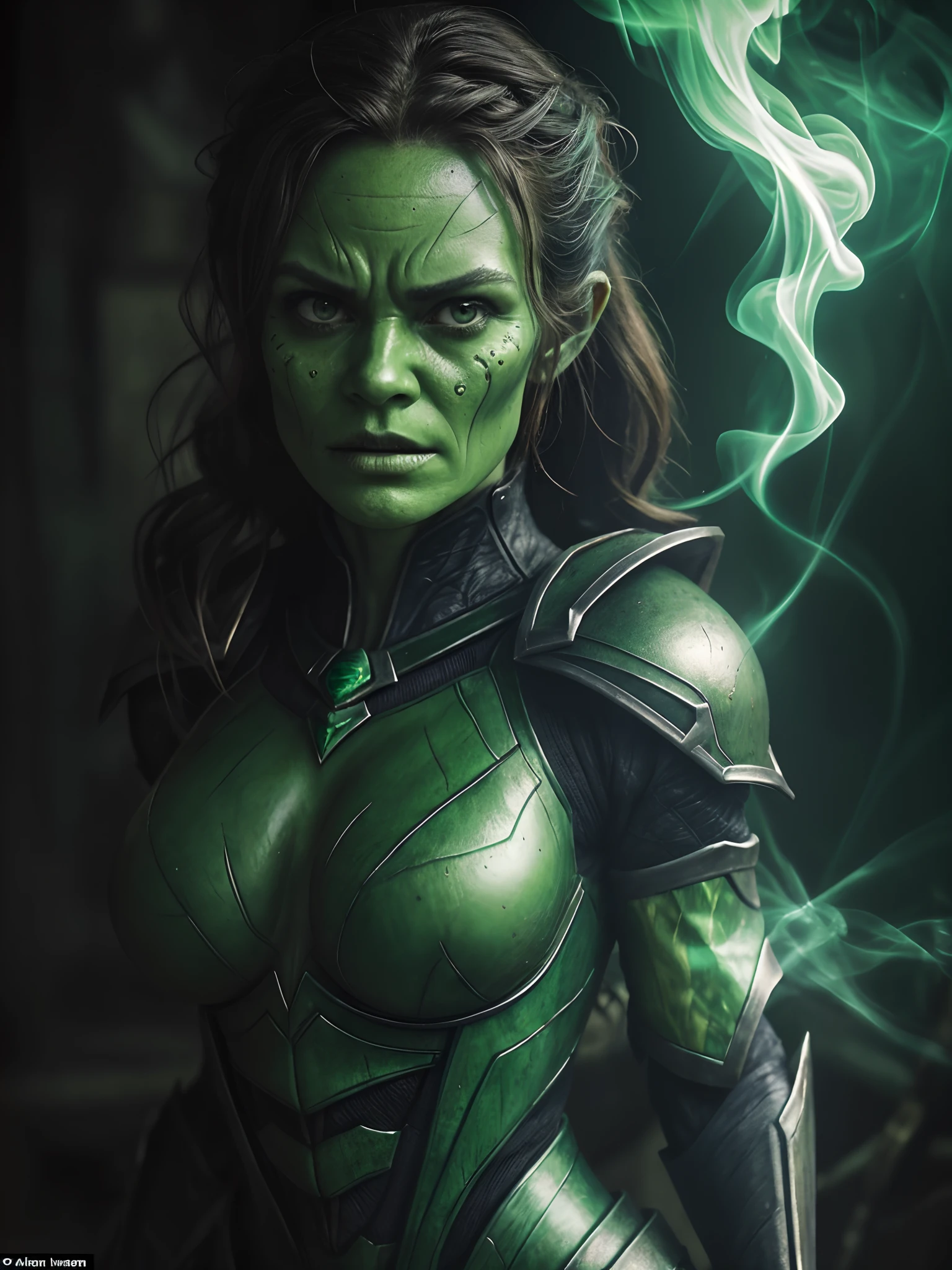 In New York, time square, she wears green armor, with technological details, (best quality, realistic, Highs: 1.2), ultra-detailed, a 25 year old woman in willem dafoe Green Goblin style armor, hot insect humanoid woman, Willem Dafoe Green Goblin Style, NSFW Version, ultra large yellow eyes, goblin, just one, Giant eyes held by a pumpkin skull, face with wrinkles, super large eyes and detailed lips, wrinkled skin, green skin tone, dark lighting and mysterious, oil paint, stunning details, dark atmosphere, mystical vibe, sharp focus,Woman blowing green smoke,emerald green background, scary but intriguing,Single character portrait, full body, (full breasts: 1.3), (realism: 1.5 ), (Realisitc: 1.4), (Absurdity: 1.4), 8k, ultra-detailed, Detailed Beautiful Woman, (Only one:1.4), 1girl, (Viewer facing:1.2)
