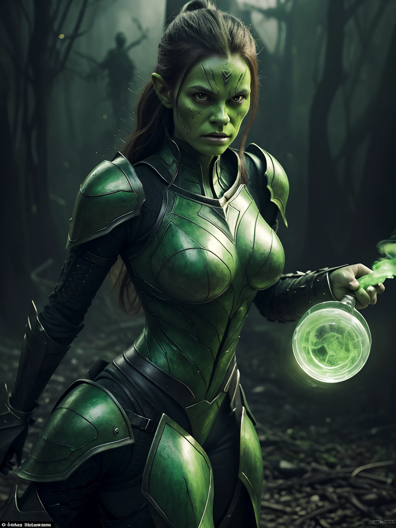 In New York, Time Square, he wears green armor, with technological details,
(best quality, realistic, Highs: 1.2), ultra-detailed, a 25 year old woman in willem dafoe Green Goblin style armor, hot insect humanoid woman, willem dafoe Green Goblin style, NSFW version, ultra large yellow eyes, goblin , just one, giant eyes held by a pumpkin skull, witch face with wrinkles, super large eyes and detailed lips, wrinkled skin, green skin tone, dark and mysterious lighting, oil painting, impressive details, dark atmosphere, mystical vibe ,sharp focus,Woman blowing green smoke,emerald green background,creepy but intriguing,Unique character portrait, full body, (medium breasts: 1.3), (full breasts: 1.3), (realism: 1.5), (Realisitc: 1.4), (Absurdity: 1.4), 8k, ultra-detailed, Detailed Beautiful Woman, (only one:1.4), 1girl, (Viewer facing:1.2)