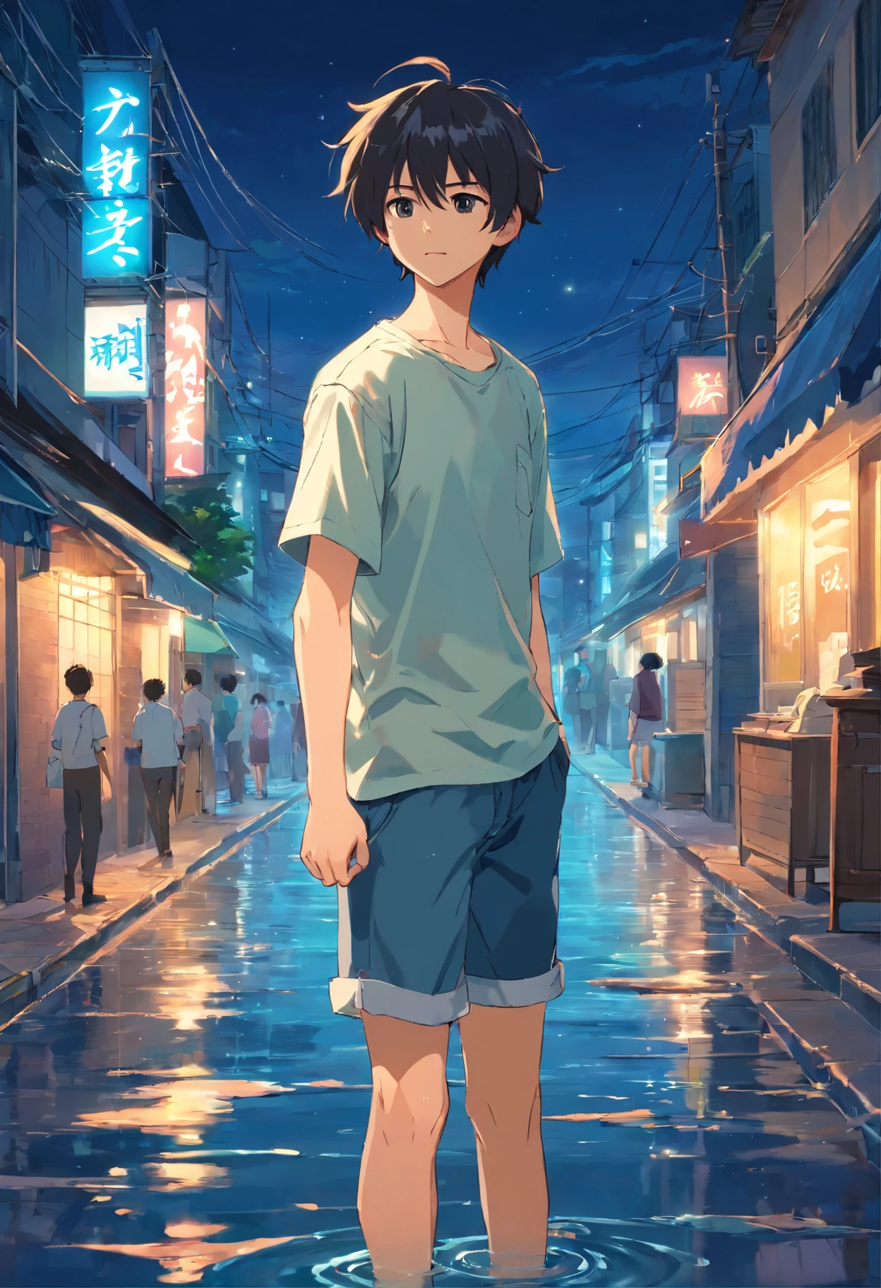 Water canvas in fiber and light art Bob hair anime 1 boy (18 year old) standing in a street in plain shirt Water canvas in fiber and light art, with short black hair High quality, High contrast, ultra fine detailed, Night, At the Fantasy Studio