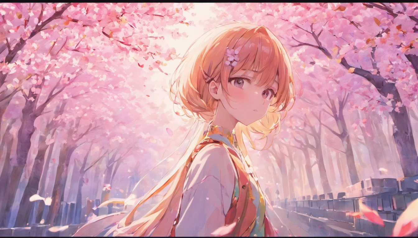 Couples embrace，The upper part of the body，A boy with，one-girl，Under the cherry blossom trees，Fluttering cherry blossoms，low-saturation，pale-blue( reasonable design, Clear lines, High sharpness,Best quality, Very detailed, Masterpiece, movie light effect, 4K )