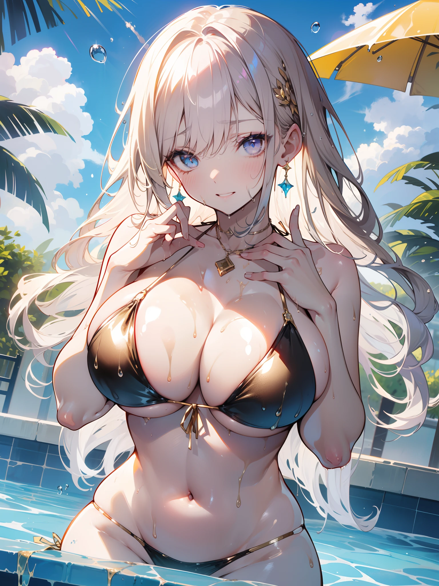 (NSFW:0.5),1 beauty, (Light Purple Eyeshadow),Platinum Blonde Perm Hair, thick body、(thick neck:1.4)、(One person with broad shoulders.4)、(Smaller face)、(long pointed chest,)、Big body、Model body type、Drops falling from the tip of the chest、Watery Big Eyes、teeth protrude slightly,Shy smile,Wet whole body, ((Champagne Gold Bikini Swimsuit:1.2)),(wet and disheveled hair,:1.4),(Perfect fingers:1.4)、(Heavy sweat on the face:1.2), Splattering splashes shine:2, fine splashes on the body、(facefocus:1.4)、(Platinum necklace and large earrings)、Sunset Poolside、Frolic happily