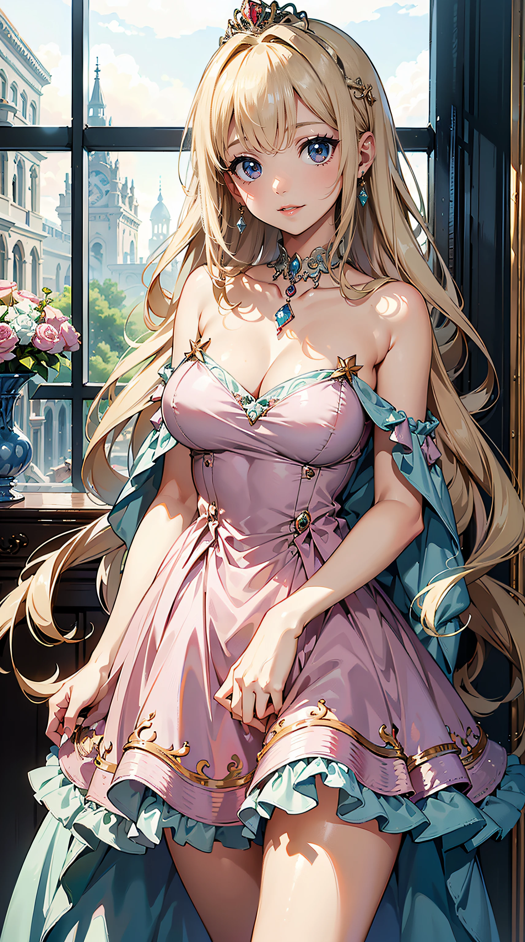 nsfw, (yo, princess:1.3, Ultra Detailed Elegant Tube Top Dress, break, Luxurious Royalty dress:1.3, break, detailed pastel pink dress:1.2, break, mini dress:1.3), (Akane-chan, Sagging breasts, break, detailed Very beautiful black eyes:1.2, Thin eye:1.2), (very beautiful shoulder-length hair:1.2, Very beautiful blonde), ((masterpiece:1.2 Top Quality:1.2, 8K, Professional animation:1.2, 2D:1.2)), (Smooth glowing skin:1.3), (slender, Best proportions:1.2), (extremely enchanting face, pleasure), POV, (Enchanting face:1.3), queens chair:1.2, Enchanting face:1.4,