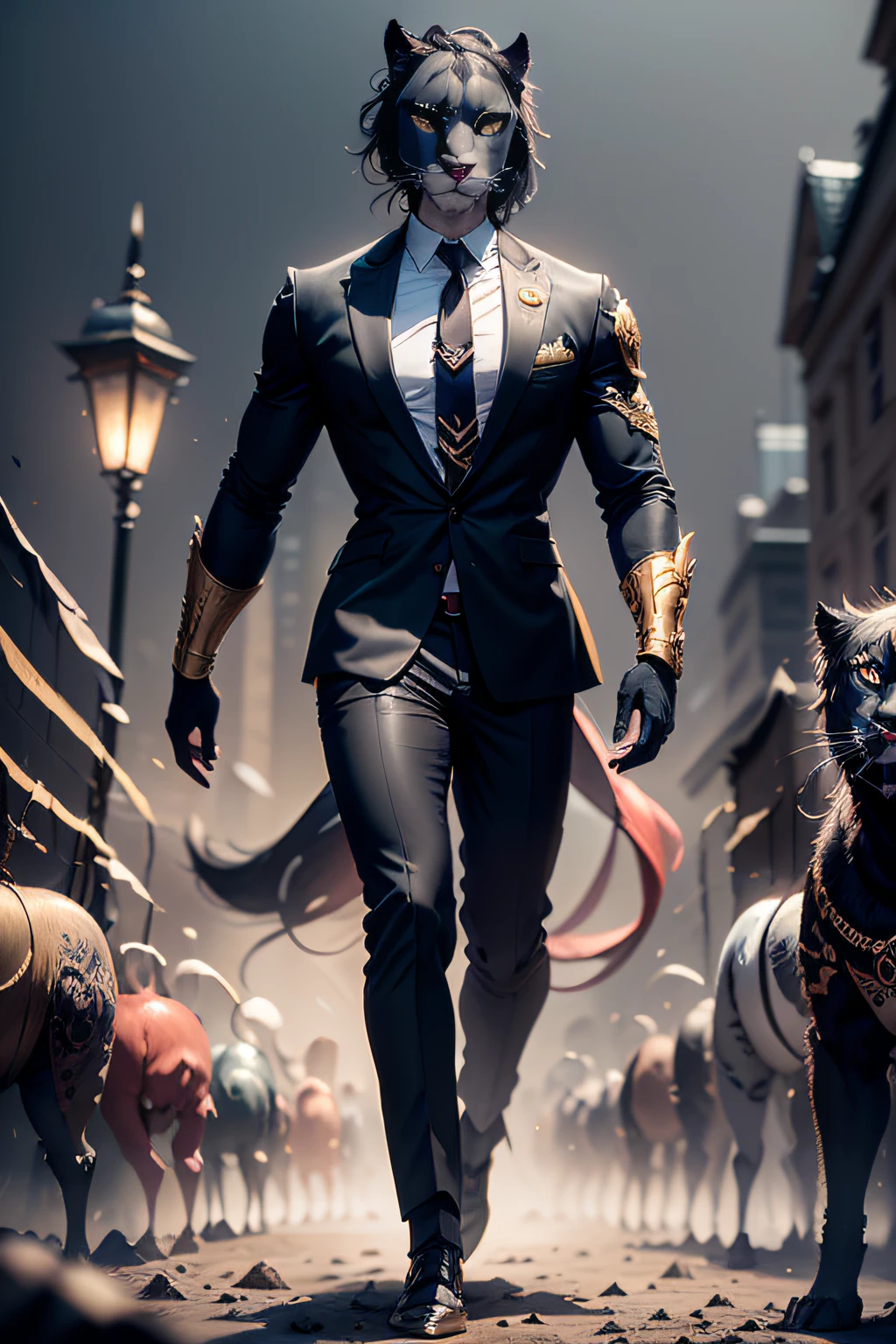 Best Quality, masutepiece, High resolution, artist name, Background of City Superintendent, Starry sky, Tech Metropolis, Night, 1boy,(( Panther Head, Panther face))、Asians, exaggerated muscles, robust, Full body, (tattoo all:1.2) Perfect face, Black hair, Black jacket, Black tie, Brown eyes, Sleeveless Dress Shirt, gaze at the audience, Golden tie, reality, Shirt, Solo, wing collar、​masterpiece, top-quality, hightquality, hight resolution